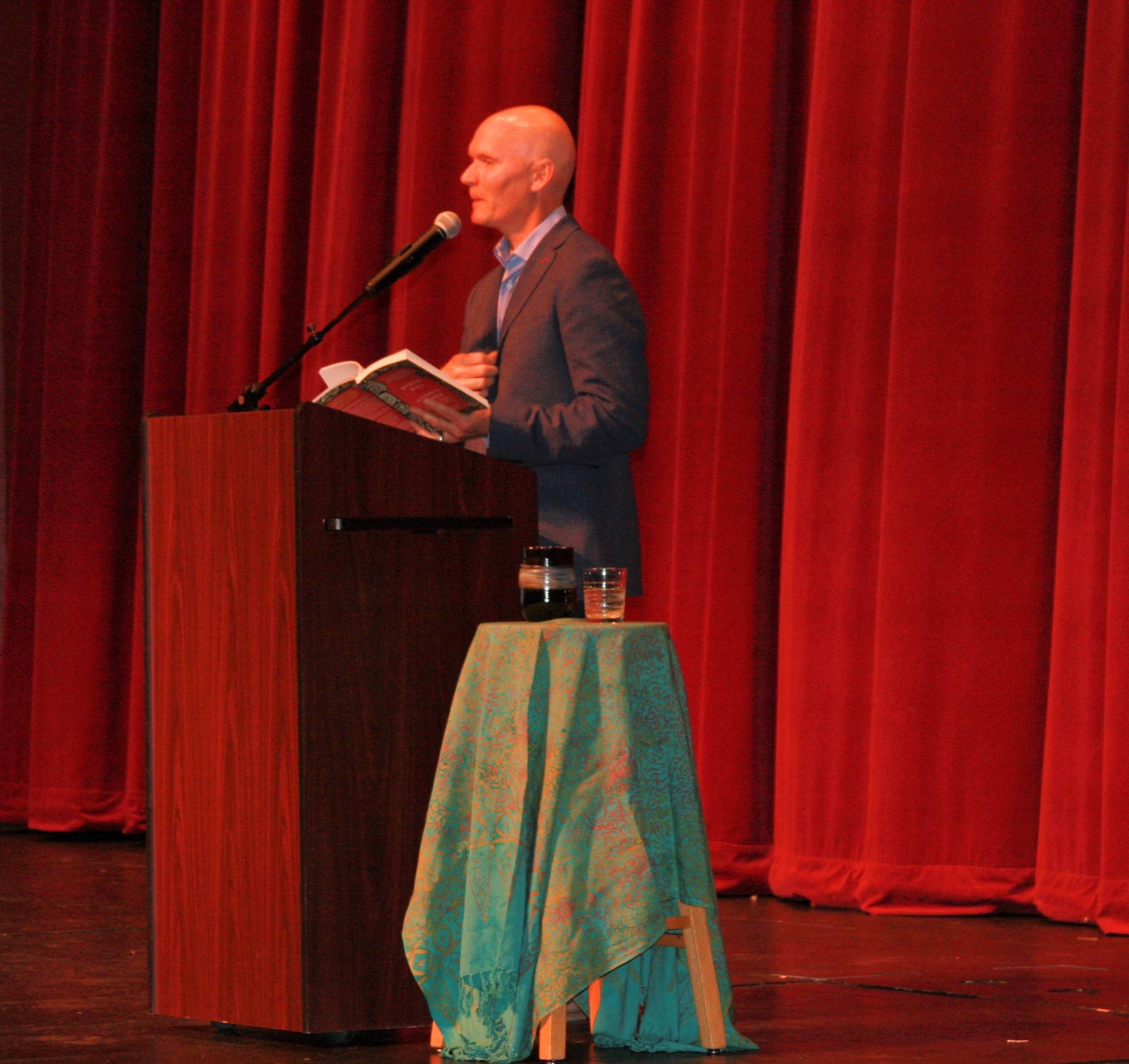 Kachemak Bay Writers’ Conference keynote speaker Anthony Doerr gives a public reading of his short story, “The Deep,” on Saturday, June 9, 2018 at the Homer High School Mariner Theatre in Homer, Alaska. (Photo by Delcenia Cosman)