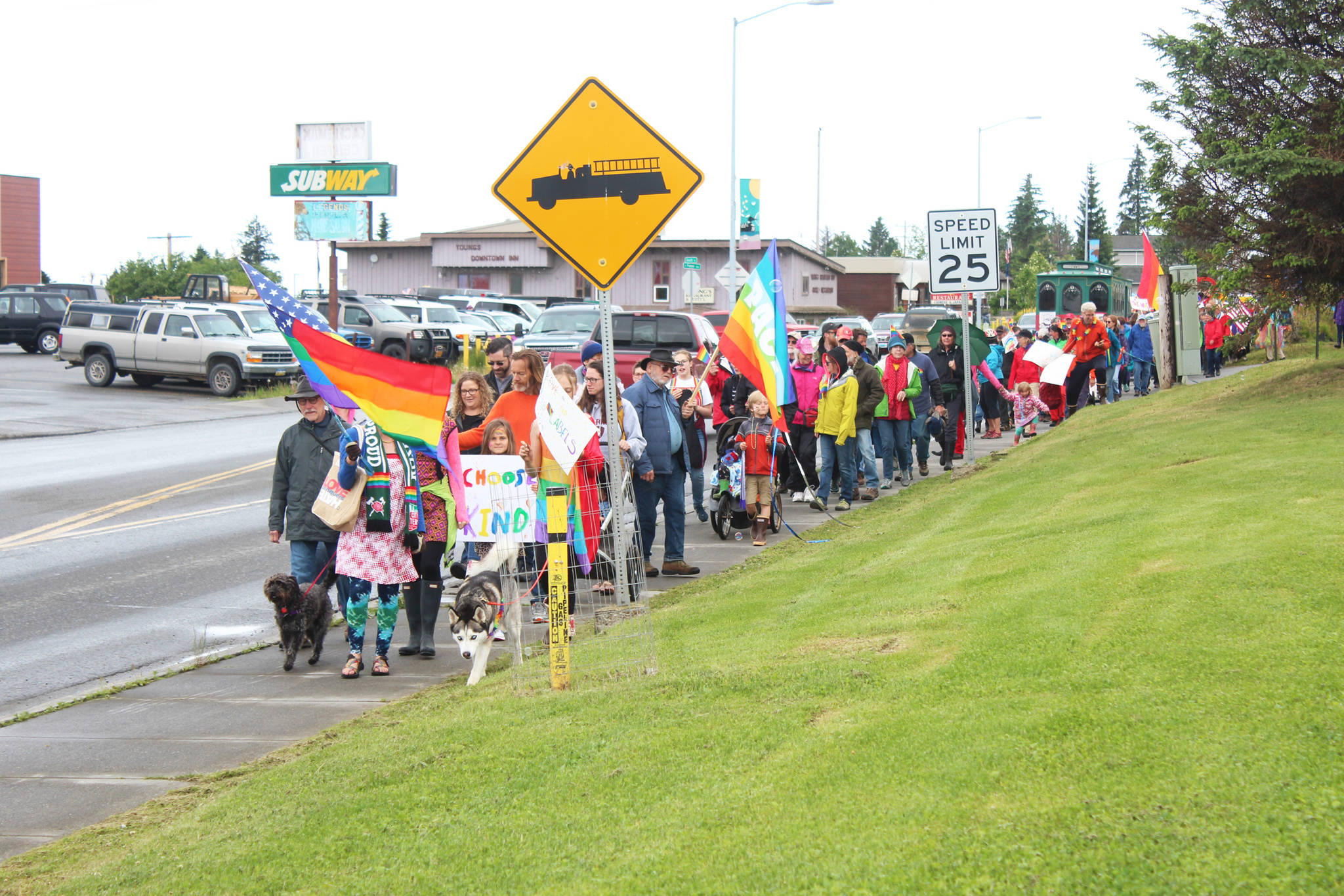 Participant’s in Homer’s first ever Pride March start out from WKFL Park along Pioneer Avenue on Saturday, June 23, 2018 in Homer, Alaska. The march route went all the way to Grace Ridge Brewery. (Photo by Megan Pacer/Homer News)