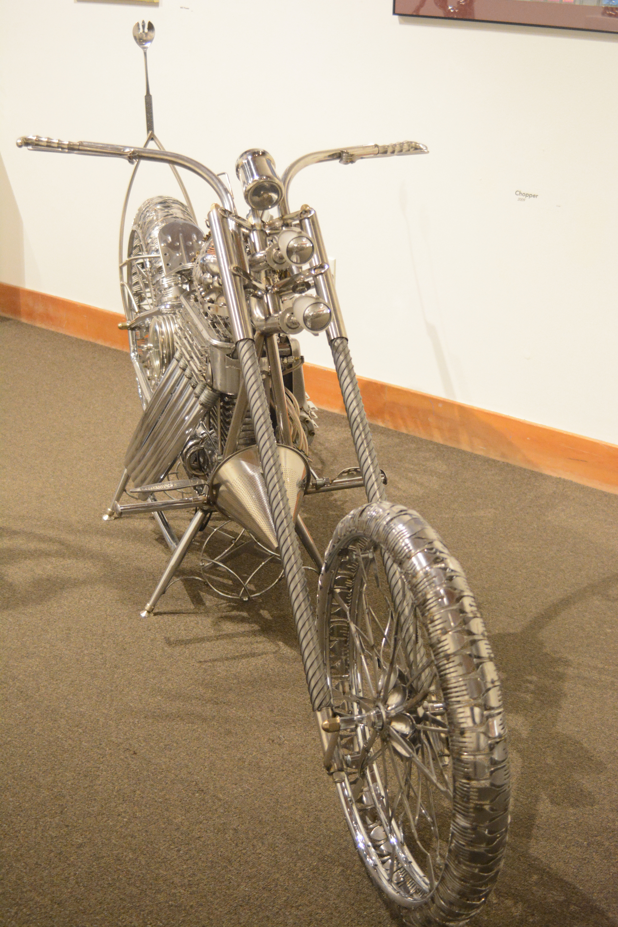 Photo by Michael Armstrong, Homer News  Don Henry’s Tracker and four other motorcycle sculptures he created from all kinds of found objects are now on display at the Pratt Museum. Don Henry’s Chopper.