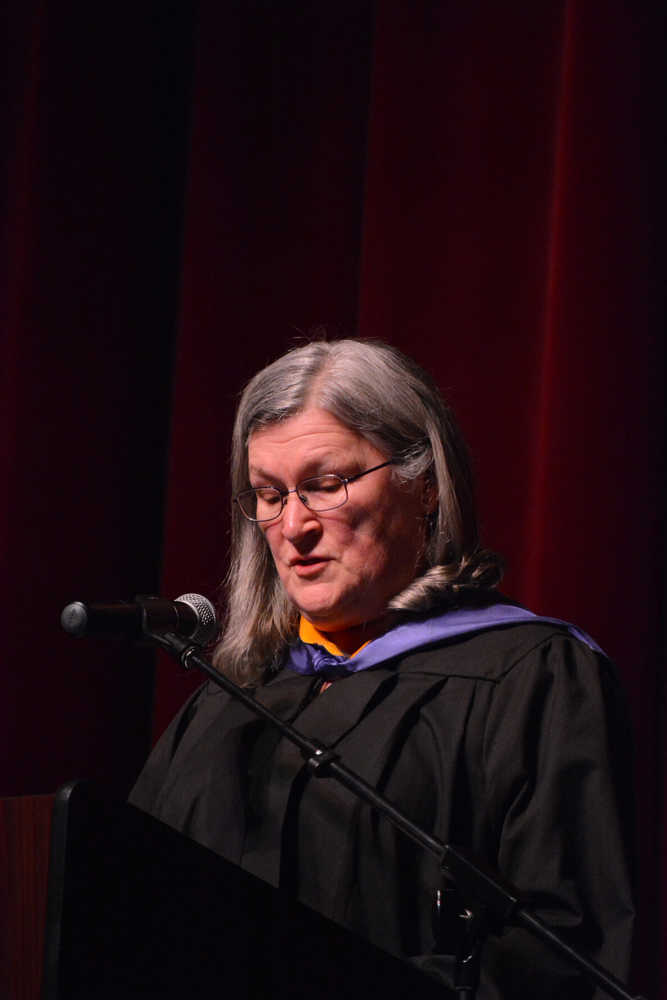 University of Alaska Anchorage alumna Francie Roberts delivers the keynote address at Kachemak Bay Campus commencement last Wednesday.
