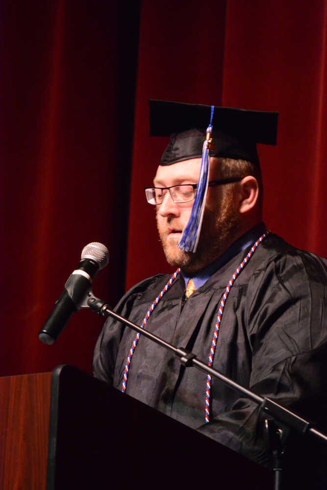 Michael Tupper delivers the student address during Kachemak Bay Campus commencement last Wednesday.