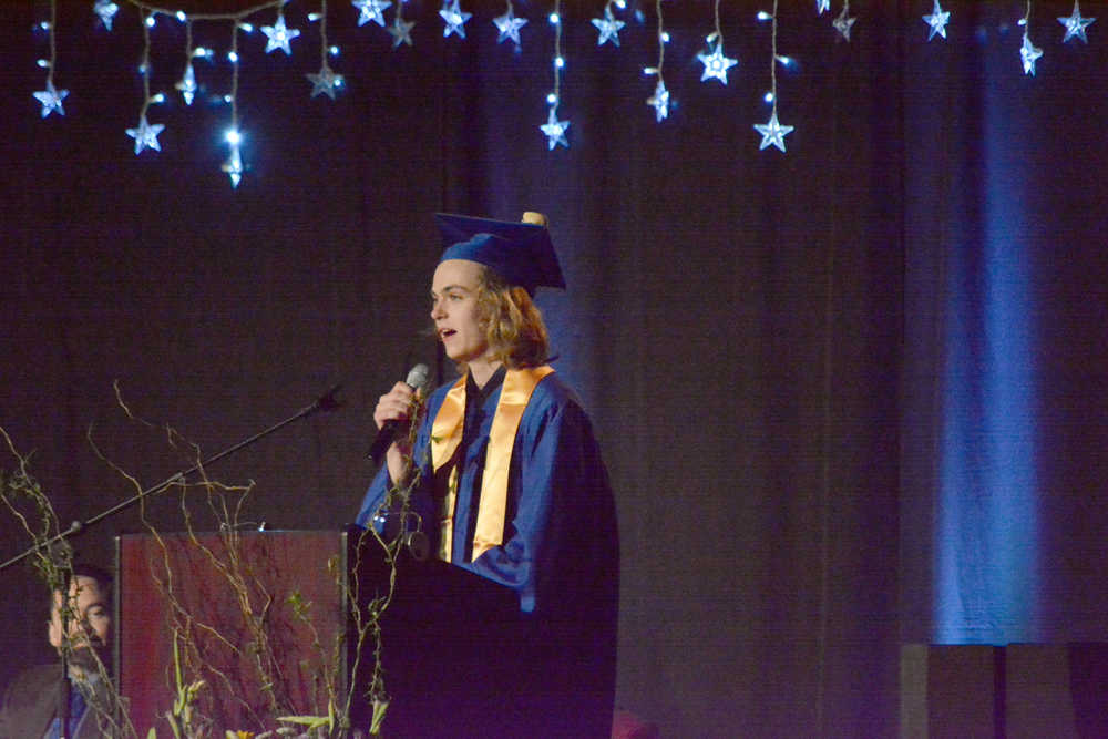 Valedictorian Jonas Noomah delivers his speech at Homer High School Commencement exercises on Tuesday night.