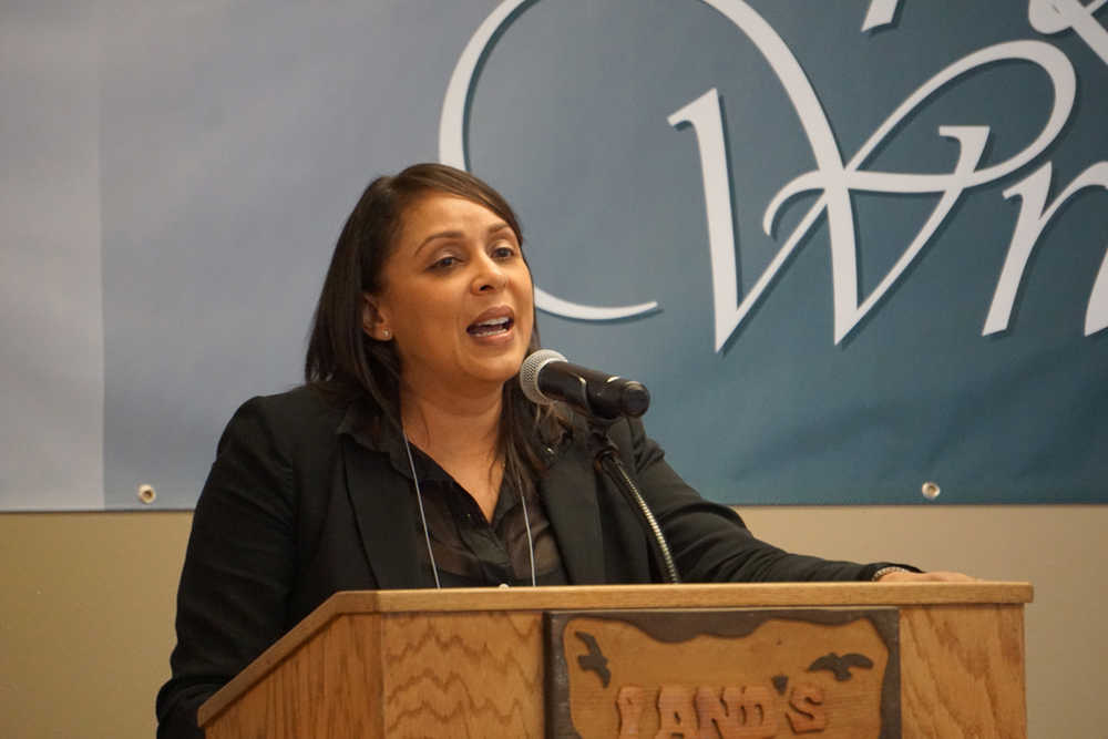Poet Natasha Trethewey delivers the keynote address last Friday at Land's End Resort for the start of the 15th annual Kachemak Bay Writers' Conference.
