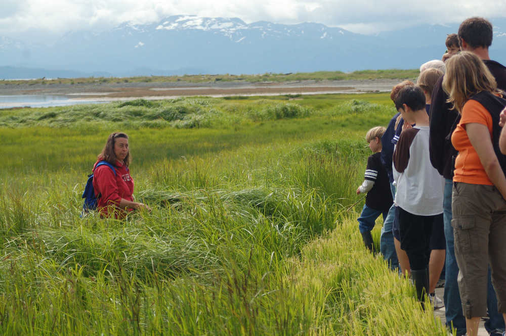Carmen Field, left, speaks to a group of about 30 visitors on an Estuary Walk tour in July 2011.-Homer News file photo
