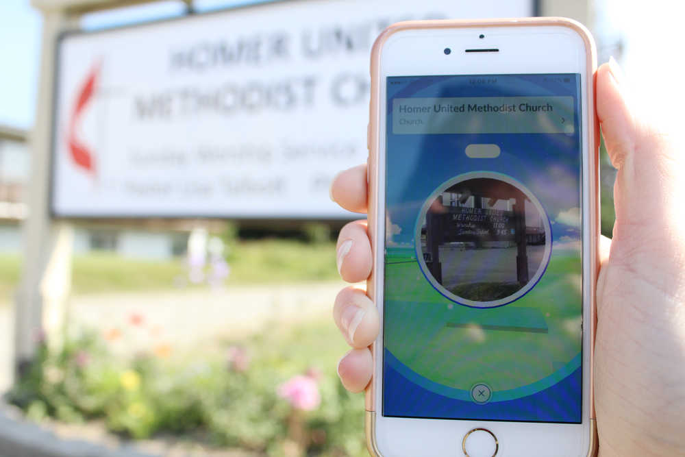 The former sign for Homer United Methodist Church shows up on the Pokestop. At least three of Homer's churchs are Pokestop locations in Pokemon Go.