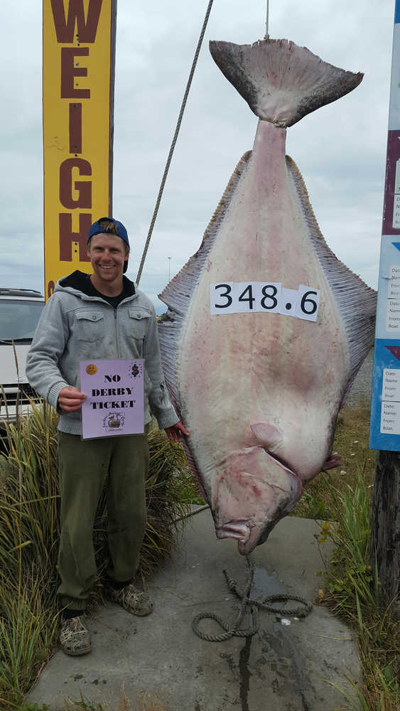 Patrick Schemp of Kronach, Bavaria, Germany reeled in a 348.6-pound halibut while fishing on July 21, but with no derby ticket, he lost out on the opportunity to become the new derby leader.