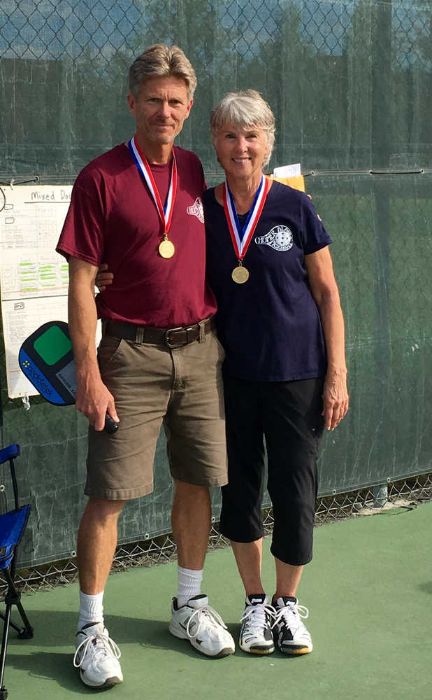 Mixed doubles partners Bill Bloom and Janie Leask won gold in the age 55-59 category in pickleball at the Alaska Senior Games in Fairbanks on Aug. 16-18. Leask also won gold in the women's singles age 65-69 category and in women's doubles age 55-59 category with Holly Van Pelt. Bloom won gold in men's doubles in the age 55-59 category with Dan Holleman and men's singles age 55-59 category.
