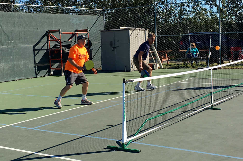 Bill Bloom and Dan Holleman compete in the men's doubles category in pickleball at the Alaska Senior Games held in Faribanks. The pair won gold in their category.