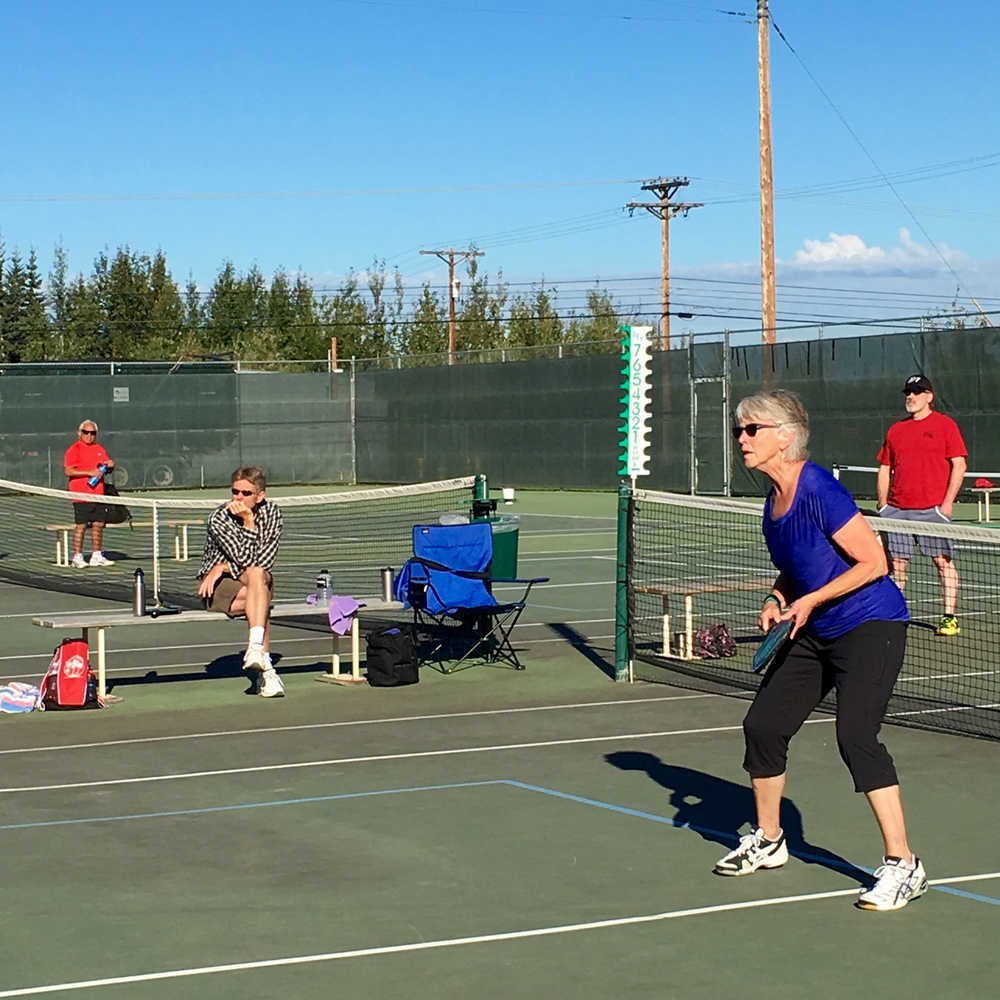 Janie Leask competes in the women's singles event in pickleball at the Alaska Senior Games in Fairbanks. Eight pickleball players from Homer attended the tournament, which took place over Aug. 16-18.