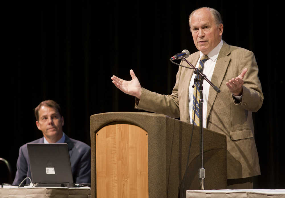 Gov. Bill Walker gives a welcoming speech at the National Association of Farmers Market Nutrition Programs convention at Centennial Hall on Thursday as Paul Ovrom, NAFMNP President, listens. Ovrom is the state horticulturist for the Iowa Department of Agriculture and Land Stewardship. The convention continues through Saturday.