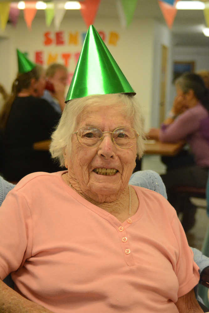 Nadine Pence smiles at her 100th birthday party at the Homer Senior Center on Tuesday, Sept. 20, 2016. Pence's great-granddaughter - still unnamed - was born in Anchorage on her birthday.  Pence was born in Ottawa, Kansas, on Sept. 20, 1916. She came to Homer in 1933. Her late husband, Edward, was a territorial police officer. She offered some advice for living a long life. "Just keep going," she said. "Don't let 'em get you down."