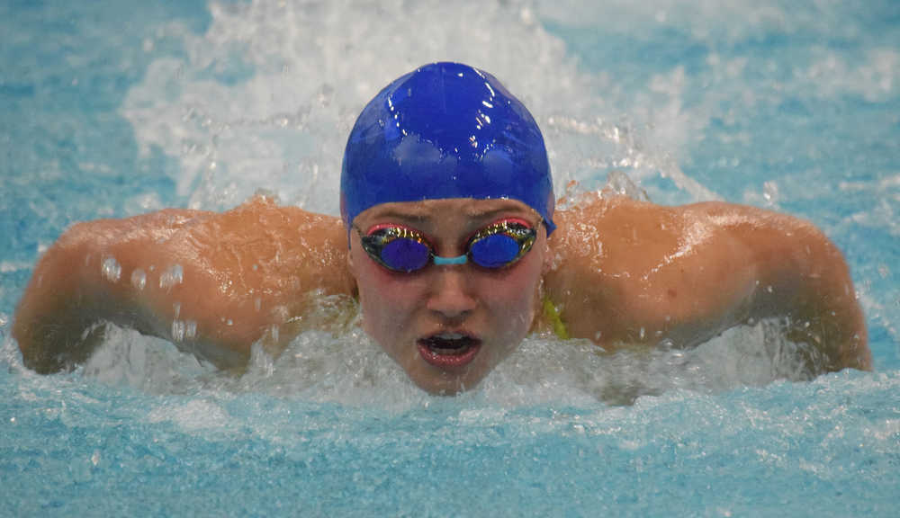 Photo by Joey Klecka/Peninsula Clarion Homer's Lauren Kuhns eyes the wall in the girls 50-yard butterfly event Friday at the SoHi Pentathlon in Soldotna. Kuhns ultimately finished third overall.