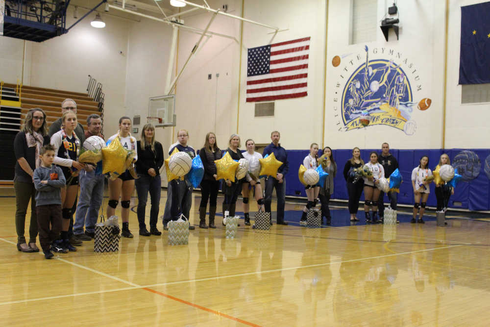 The Mariner volleyball team celebrated Senior Night at the Homer vs. Houston game on Friday, Oct. 14. Coach Kristie Mastre spoke to the girls about her hopes for their future as they stood with their families on the court.
