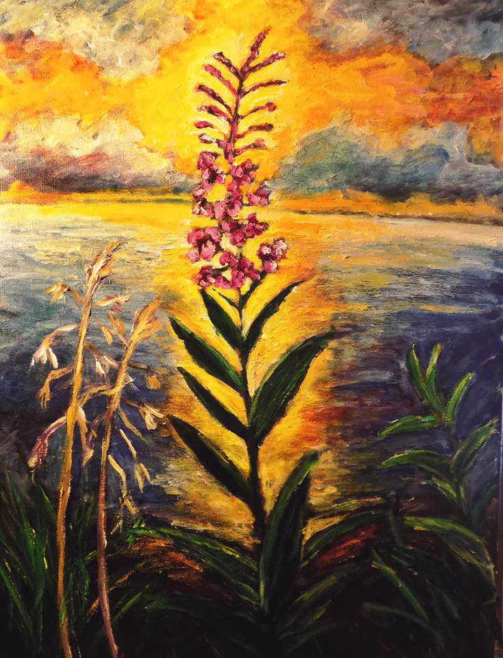 Pierre's backlighting technique also is shown in this painting of fireweed.