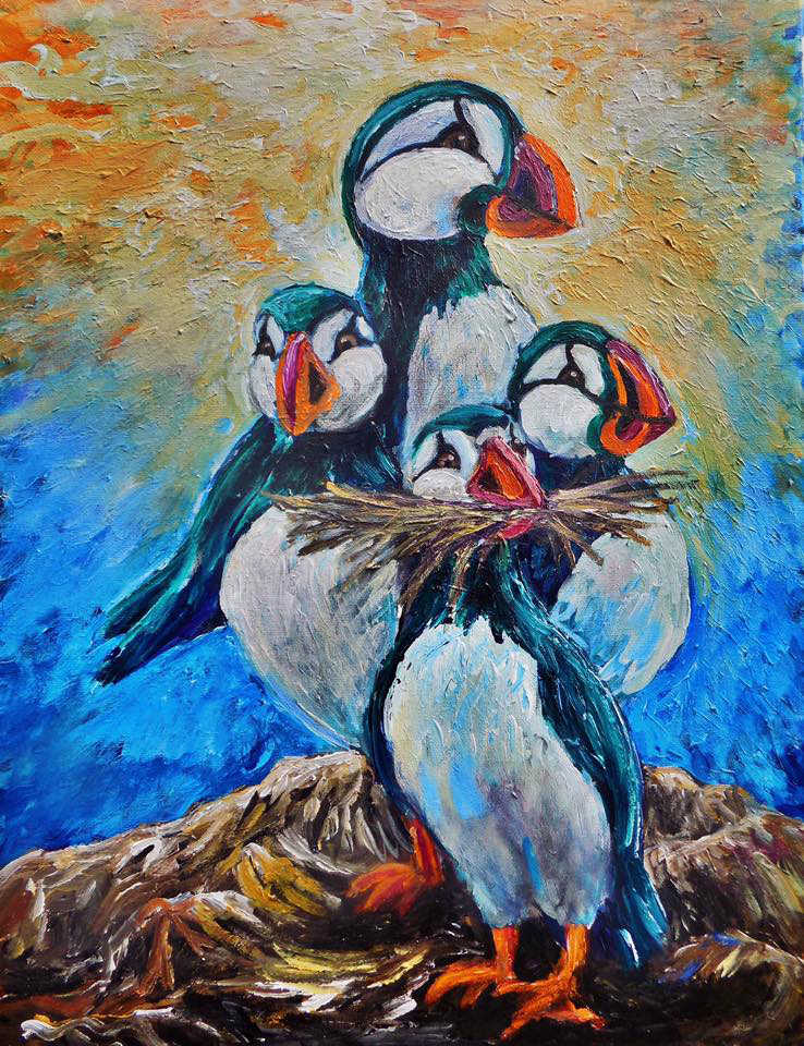 A painting of puffins by Sebastian Troy Pierre shows how he uses backlighting.