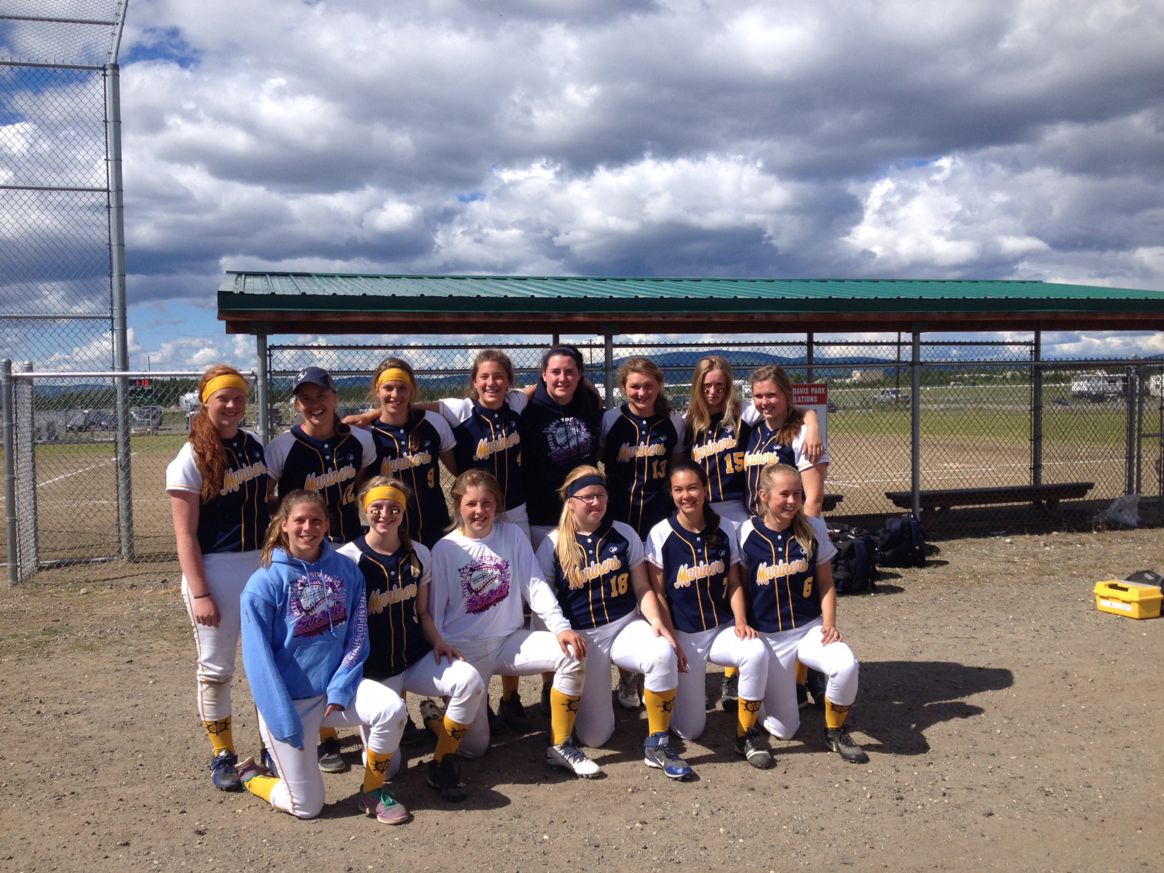 The Mariners softball team finished third during the state championships in Fairbanks last weekend. Back row from left are Kelly Liebers, Kayla Stafford, Mary Hana Bowe, Kyla Pitzman, Isabel Beach, Larsen  Fellows and Malina Fellows; front row from left are Pam Jantzi, Riley Walls, Maggie LaRue, Elsie Smith, Jenna Dragoo and Izabelle Hagge.-Photo provided