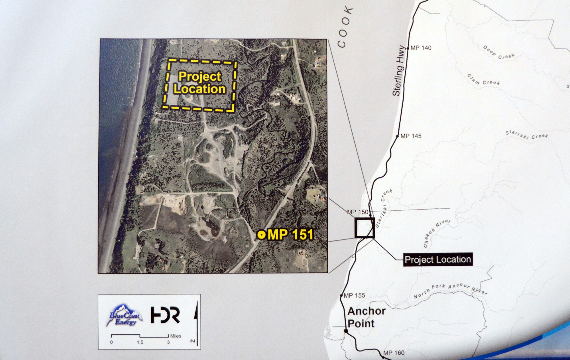 This map and photo shows the location of BlueCrest Energy’s Cosmopolitan oil project near Mile 151 Sterling Highway. The project would be in an old gravel pit.