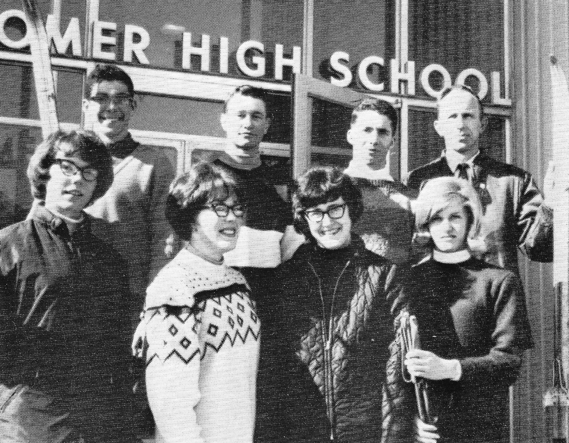 Members of the 1967 Homer Nordic ski team pose in front of Homer High School. In front row, from left, are Milli Morawitz, Sally Calhoun, Gayle Gregory and Sally Barnett; in back row, from left, are Lynn Cason, Robbie Hoedel, Larry Martin and Dave Schroer, who was recently inducted into the Alaska High School Hall of Fame.-Photo provided by the Schroer family