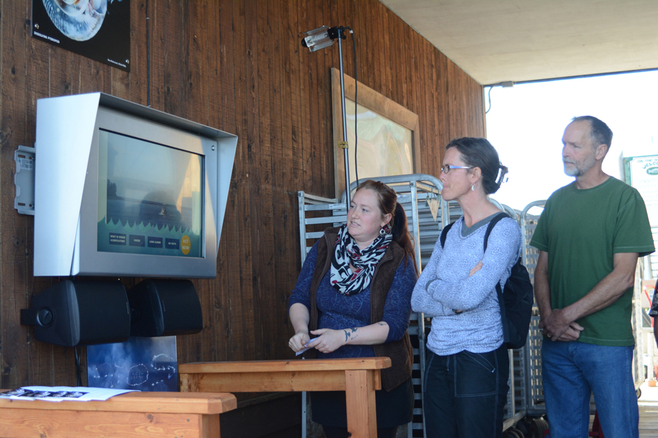 Hannah Heimbuch, left, of the Alaska Marine Conservation Council watches a video on an information kiosk about ocean acidification at Coal Point Trading Company on the Homer Spit. Kyra Wagner also watches. The kiosk was dedicated Monday. The Alaska Marine Conservation Council and Cook Inletkeeper collaborated on the project. -Photo by Michael Armstrong, Homer News
