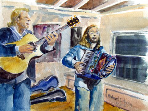 One of Michael Murray’s paintings of musicians performing.