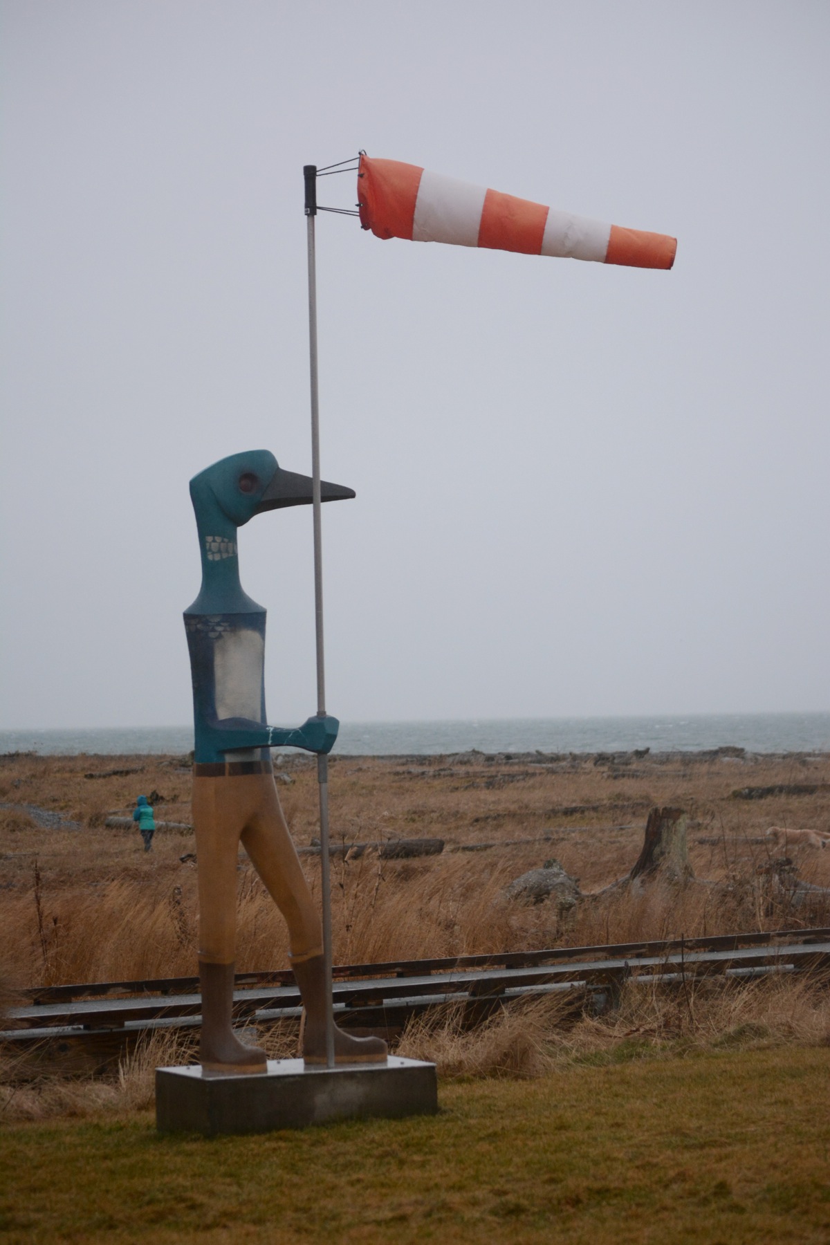 The wind sock flies almost horizontal Monday afternoon on Rachelle Dowdy's loon sculpture at Bishop's Beach.-Photo by Michael Armstrong, Homer News