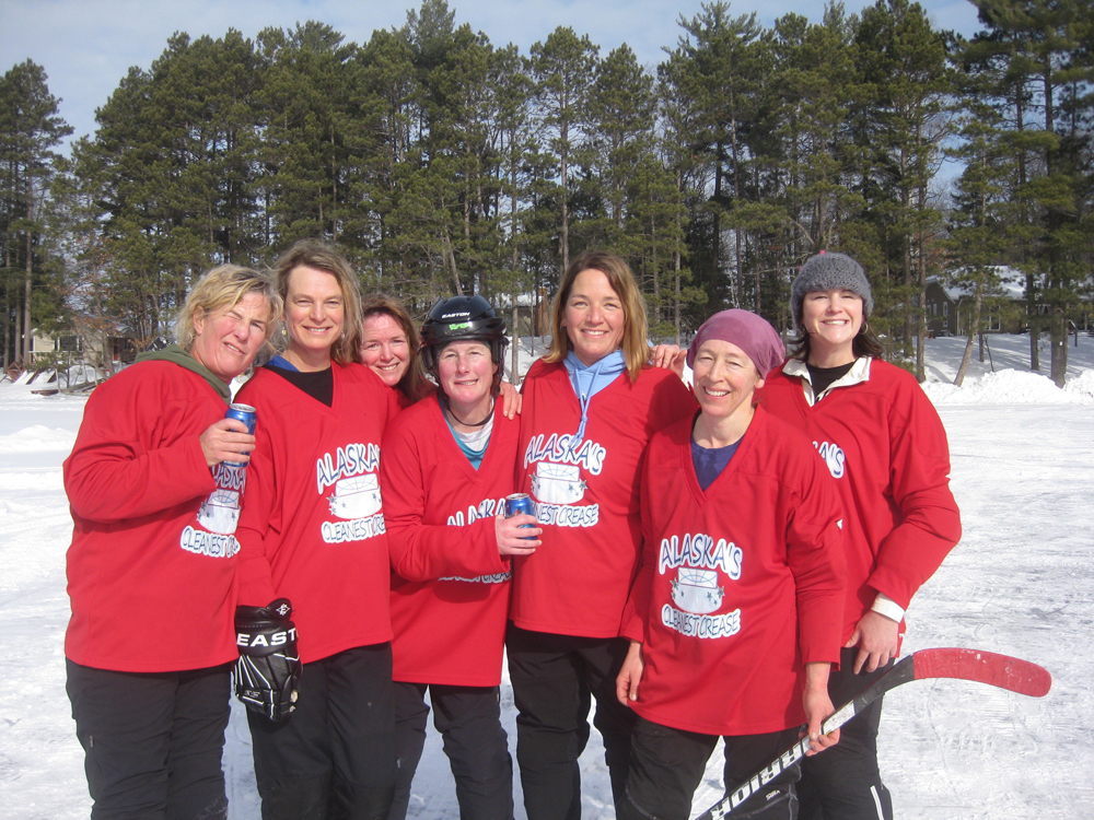 Homer Divas Jan Rumble, Shelly Laukitis, Karyn Noyes, Ingrid Harrald, Kay Brown, Di Carbonell, Emily Hutchison played in the USA Pond Hockey National Championships in Eagle River, Wis., the weekend of Feb. 6, wining second place in the competition. -Photo provided