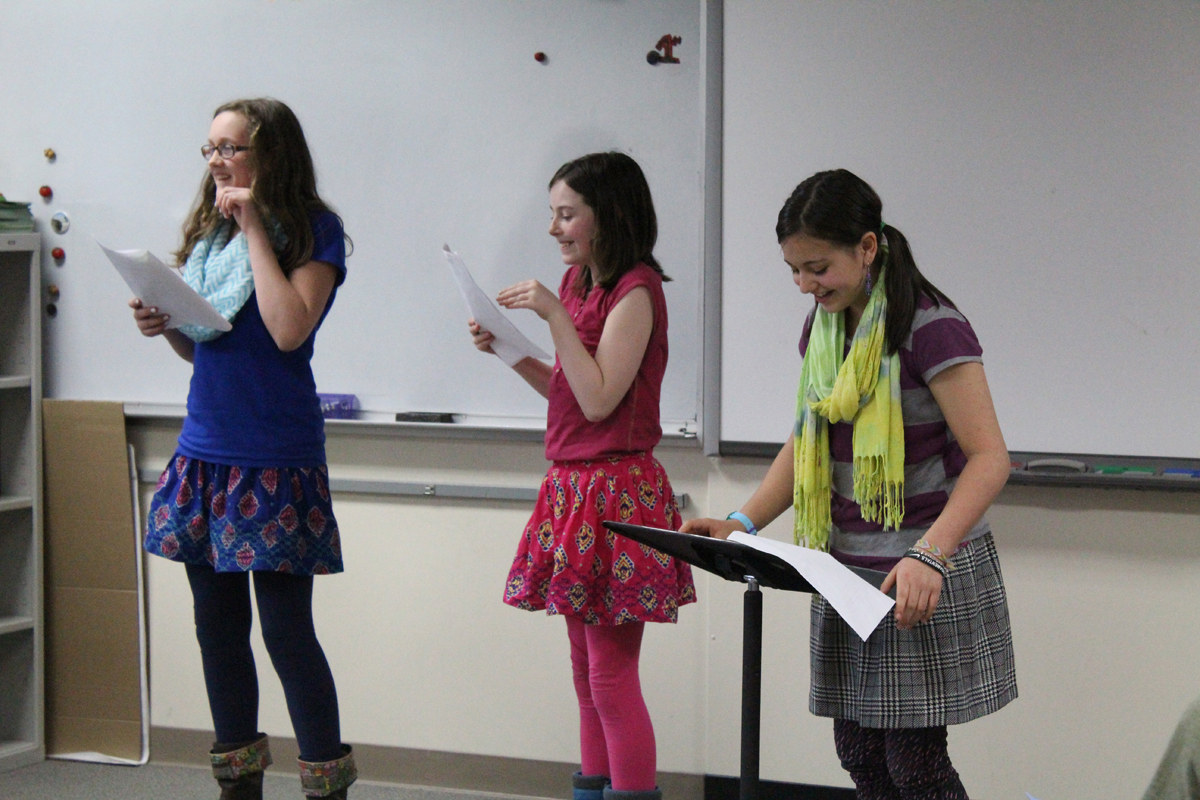 McNeil Canyon Elementary sixth-graders Sailey Rhodes, Neviya Reed and Melanie Morris won first place in the 6th grade interpretive reading, multiple category for their performance of “Those Darn Squirrels” at the Kenai Peninsula Borough School District Forensics Competition. The girls received the highest marks out of all the performances at the competition.-Photo by Anna Frost, Homer News
