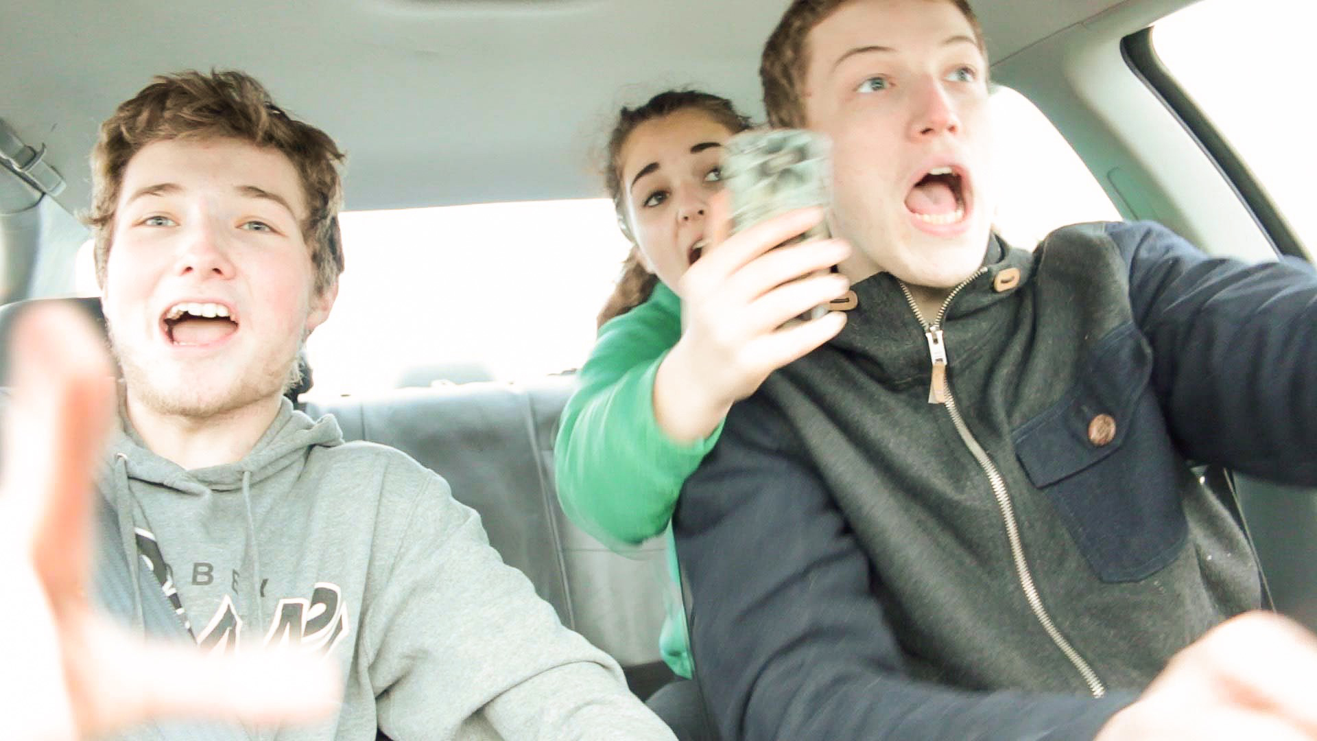 Liam Somers, Lyndsay Brown and Johann Kallelid scream as they are about to be in a car crash as a result of distracted driving in a still from their Toyota TeenDrive365 video entry. The Homer teens’ video was chosen as one of the top 10 out of more than 1,500 entries from across the United States.-Photo courtesy Liam Somers