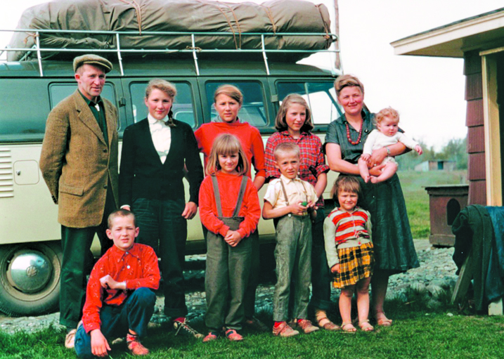 The Kilcher family poses for a photo after their return to Alaska in 1958 from an extended trip to Switzerland. (Left to right, starting in the top row): Yule Kilcher, Mossy, Wurzy, Fay, Ruth and baby Catkin, Atz, Sunrise, Otto and Stellavera.-Photo provided, Kilcher family