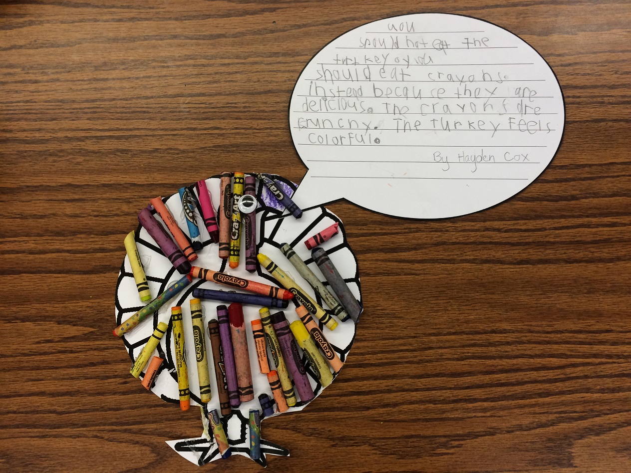 Hayden Cox disguised his turkey using a rainbow assortment of crayons. He suggests people eat crayons, instead of turkey, for Thanksgiving because they are both "delicious" and "crunchy."