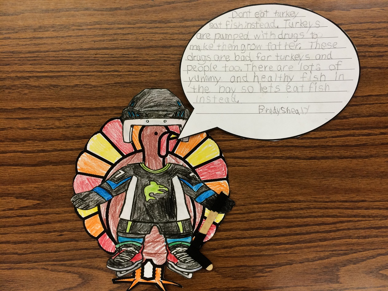 Brady Shealy's hockey playing turkey says to eat fish, which is yummy and healthy, because turkeys are pumped with drugs to fatten them up.
