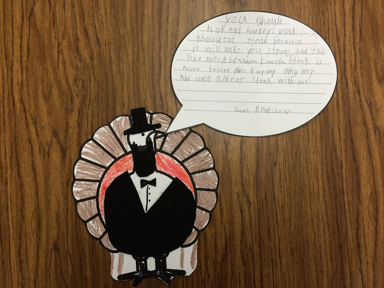 Gabe Bradshaw decorated his turkey as Abraham Lincoln, who encourages people to eat steak instead of turkey this Thanksgiving because steak "will make you strong and tall like (Lincoln)."