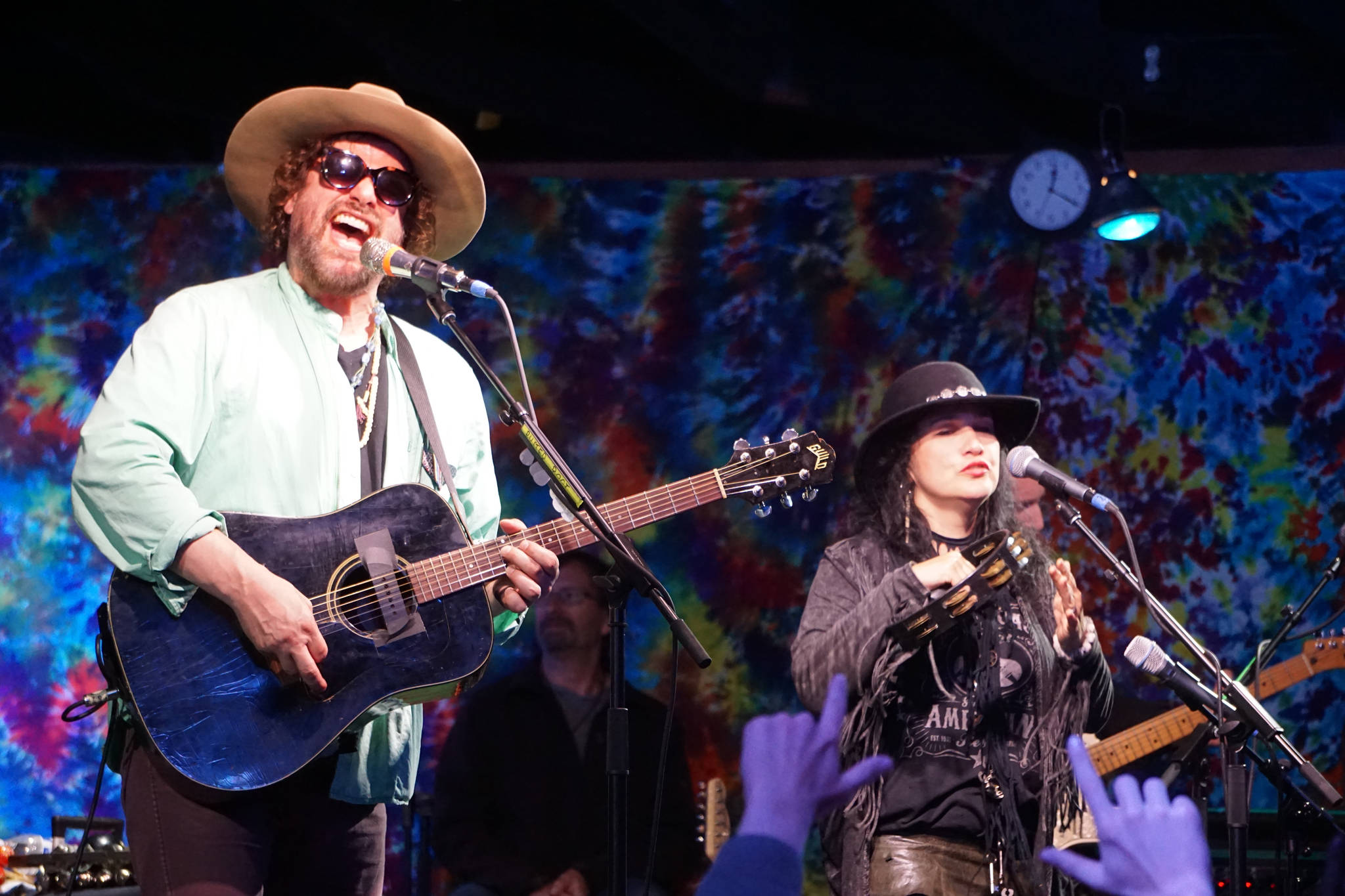 Michael Glabicki, left, and Liz Berlin of Rusted Root perform on Saturday night, Aug. 5, 2017, at Salmonfest, Ninilchik, Alaska. (Photo by Michael Armstrong, Homer News)