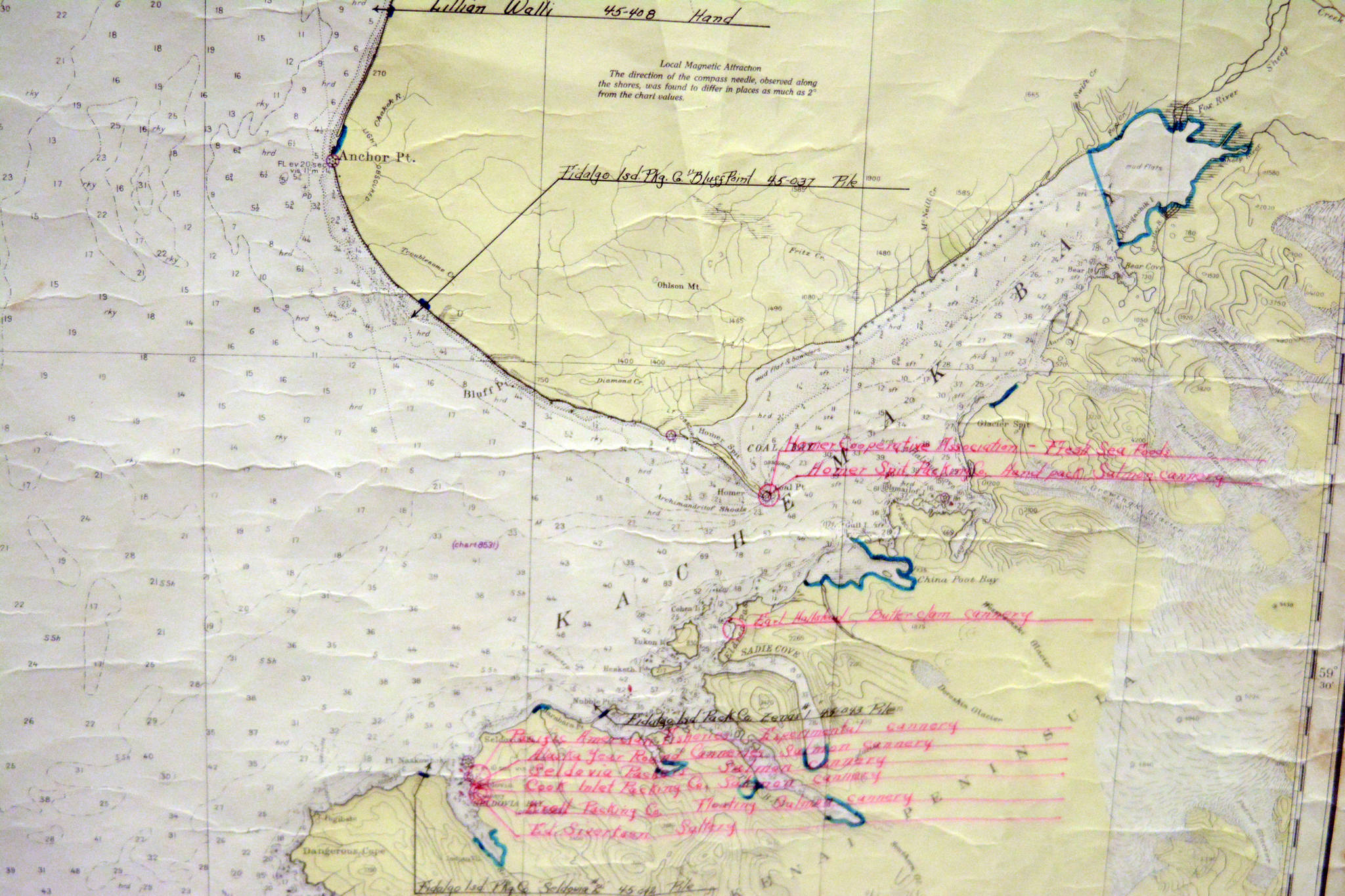This 1944 map photographed Tuesday, Aug. 22, 2017 from the Pratt Museum exhibit cARTography includes notations showing areas open to fish traps (the areas with the blue lines) as well as locations of Kachemak Bay and Cook Inlet canneries. (Photo by Michael Armstrong, Homer News)