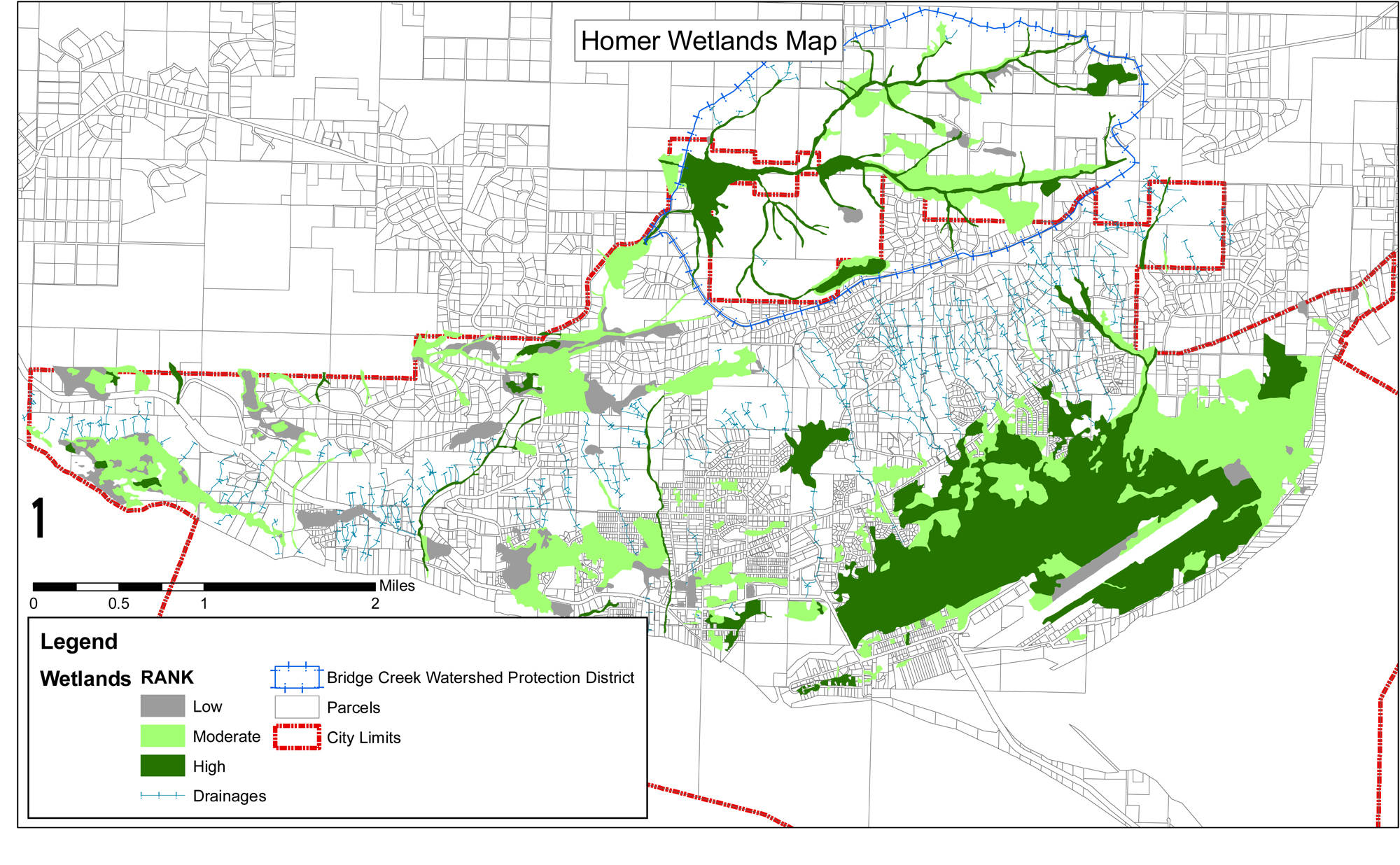 This map from the City of Homer website shows the areas of town that are designated as wetlands. Some of the wetland ares overlap with areas where commercial marijuana is allowed. The Cannabis Advisory Commission is recommending to the City Council that the Homer Spit be opened up to commercial marijuana. (Map from City of Homer)