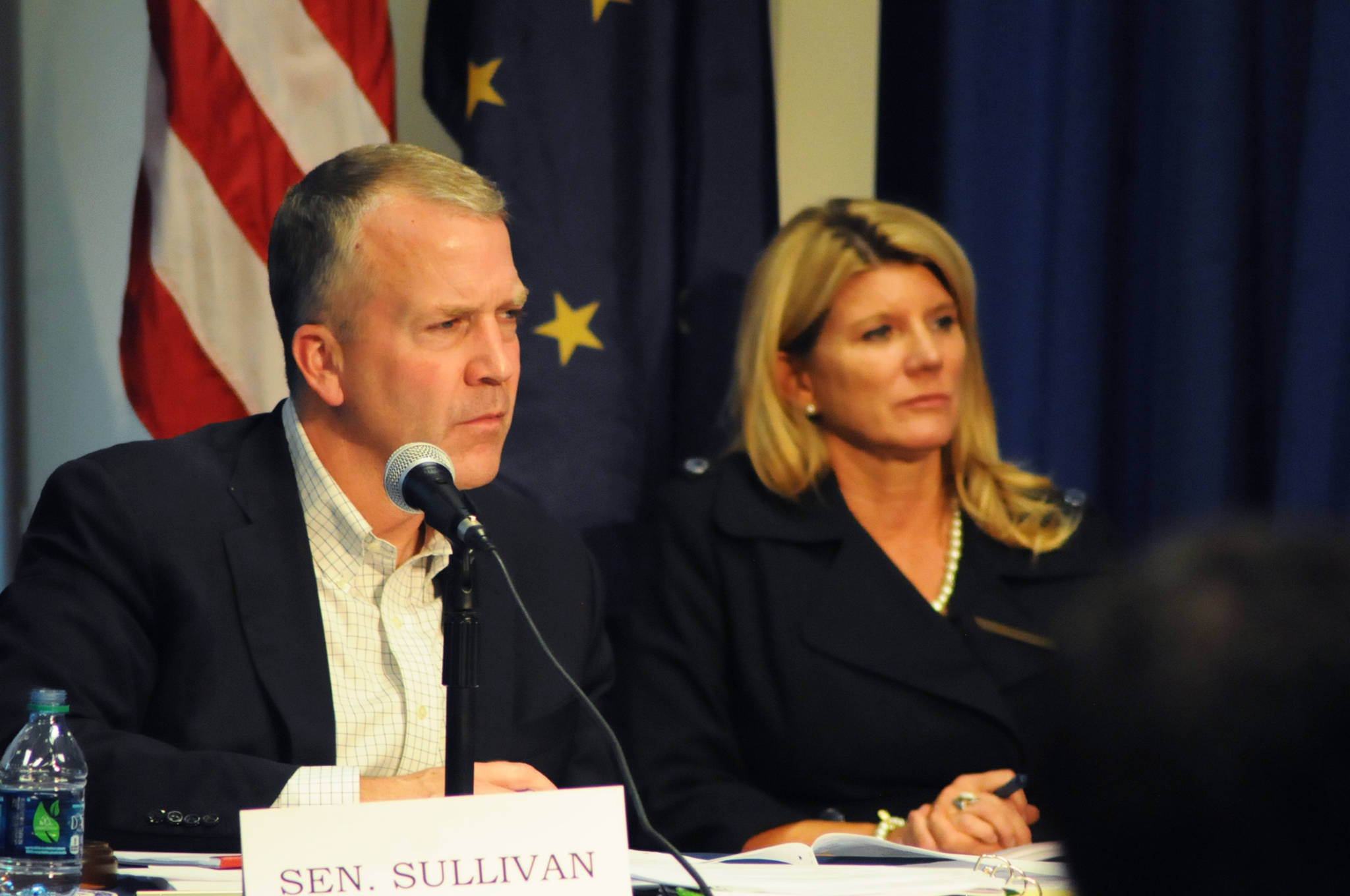 Sen. Dan Sullivan listens to testimony during a Senate Committee on Commerce, Science and Transportation field hearing on the reauthorization of the Magnuson-Stevens Fishery Conservation and Management Act on Aug. 23 in Soldotna. (Photo/Elizabeth Earl/Peninsula Clarion)