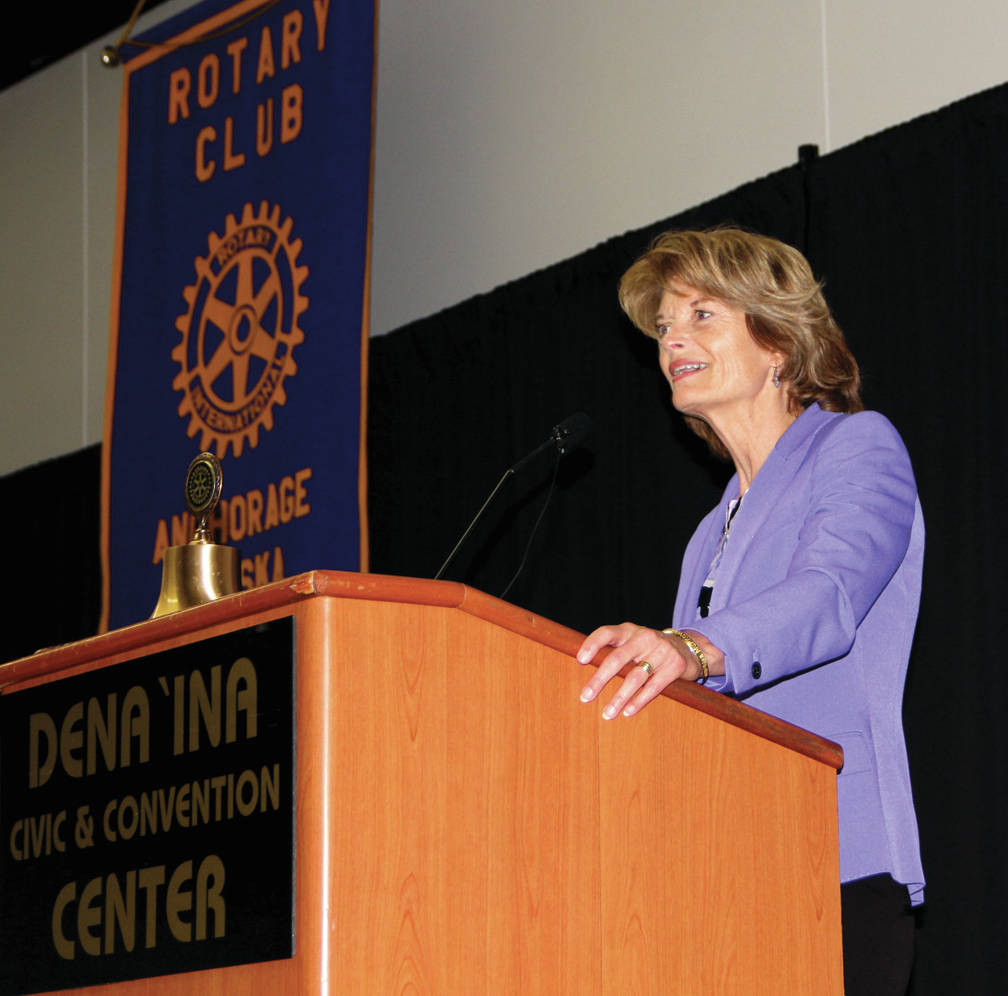 Alaska U.S. Sen. Lisa Murkowski speaks to the Anchorage Rotary Club on Aug. 29, 2017 at the Dena’ina Civic and Convention Center in Anchorage, Alaska. Murkowski said the contentious health care debate will resume after the August recess, and tax reform is on the schedule as well. (Photo/Naomi Klouda/AJOC)