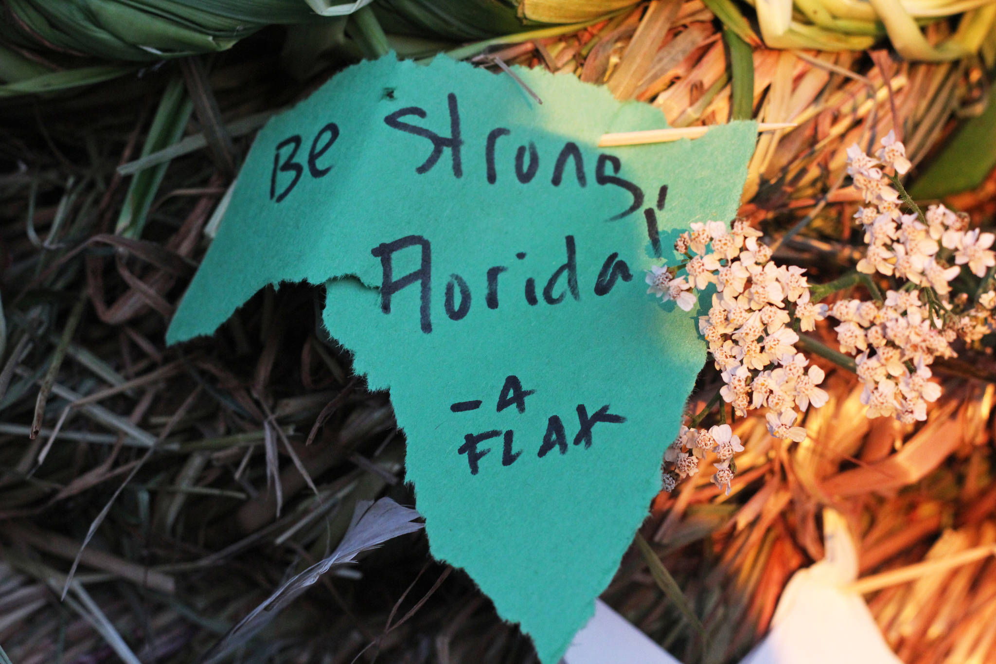 A note reading “Be strong, Florida” sits affixed to the side of this year’s Burning Basket Project on Sunday, Sept. 10, 2017 at Mariner Park in Homer, Alaska. The 14th annual Burning Project invited the public to help build the basket and place notes and trinkets inside and on its sides before it was burned. (Photo by Megan Pacer/Homer News)
