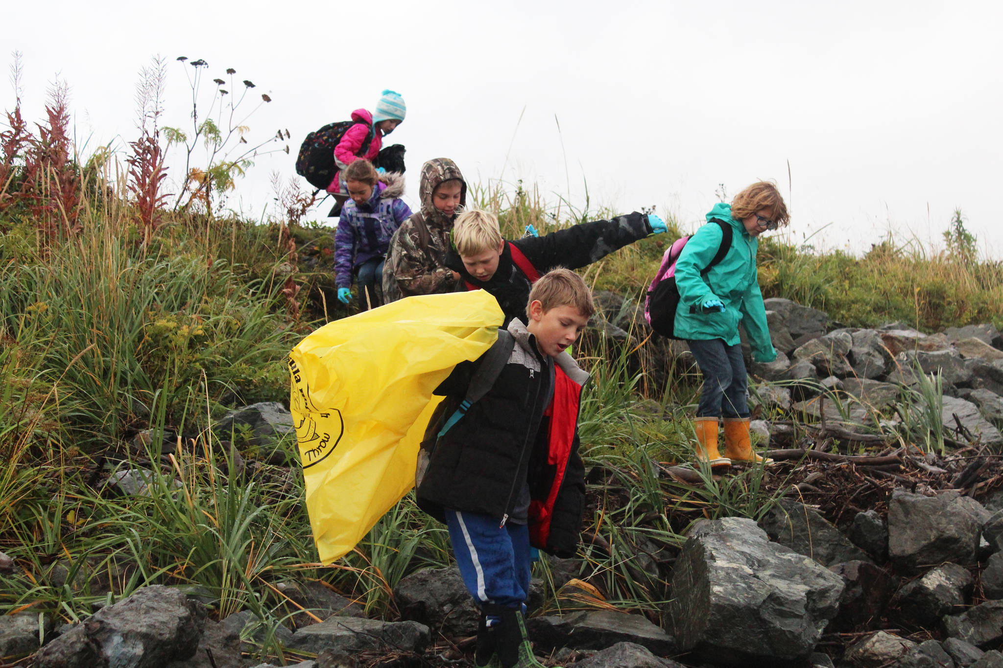 Fourth grade students from McNeil Canyon Elementary School descend to the shoreline from Spit Road to clear away trash Friday, Sept. 22, 2017 near Mariner Park in Homer, Alaska. Each year, citizen groups and students from area schools can adopt a section of Kachemak Bay shoreline where they clean debris and observe changes for the Kachemak Bay CoastWalk, hosted by the Center for Alaskan Coastal Studies. (Photo by Megan Pacer/Homer News)