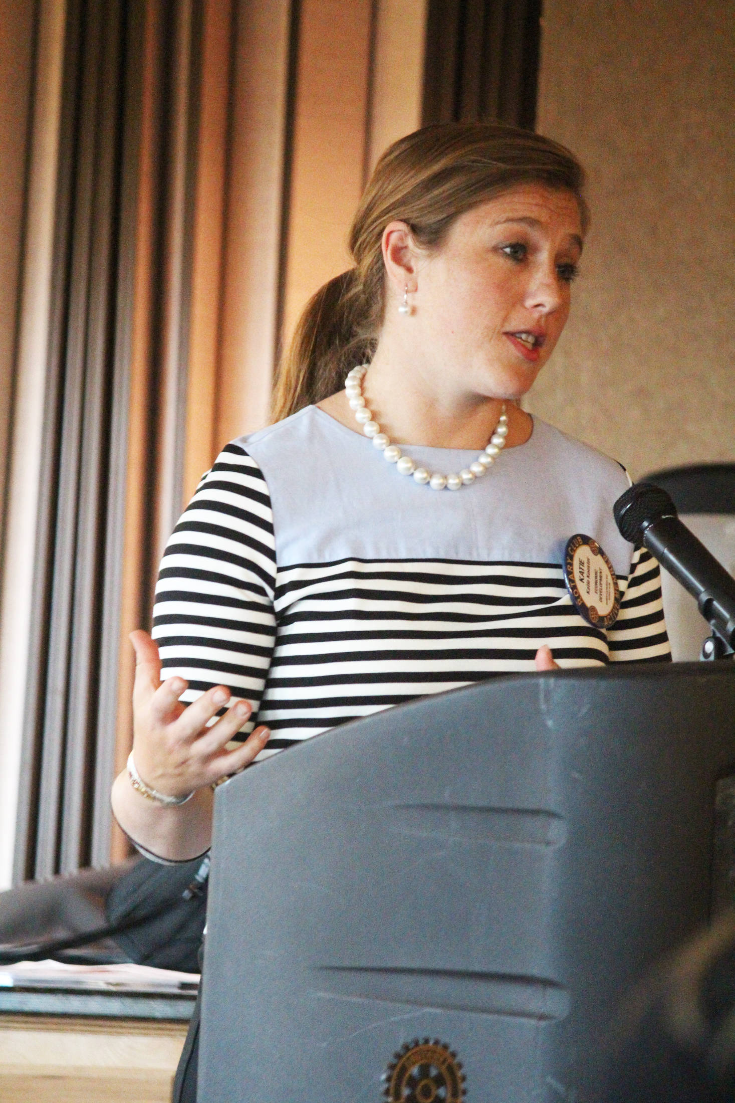 Homer City Manager Katie Koester speaks to the Kachemak Bay Rotary Club about the city’s proposition to use a portion of the HART fund to pay for maintenance during the club’s meeting Thursday, Sept. 21, 2017 in Homer, Alaska. (Photo by Megan Pacer/Homer News)