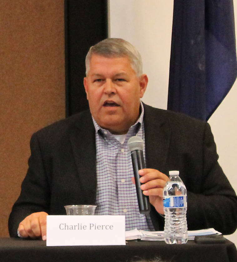 Charlie Pierce speaks during a forum for borough mayoral candidates last month. (Photo by Will Morrow/Peninsula Clarion)