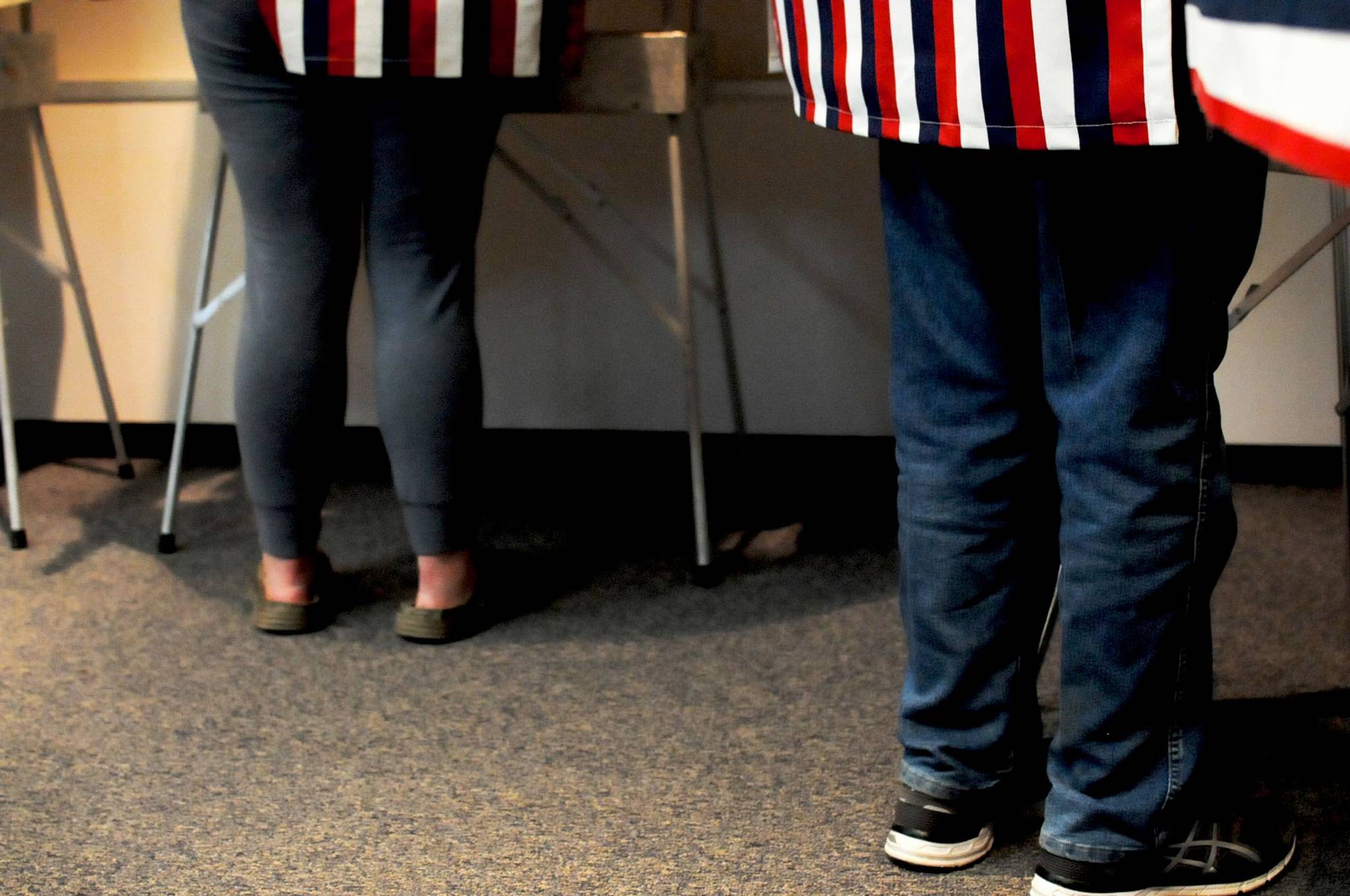 Voters stand in privacy booths inside Soldotna City Hall on Tuesday, Oct. 3, 2017 in Soldotna, Alaska. (Photo by Elizabeth Earl/Peninsula Clarion)