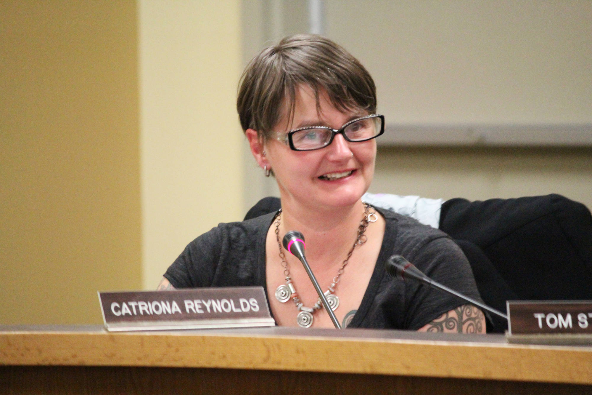 Catriona Reynolds, who served on the Homer City Council for three years, makes her closing remarks at her last meeting Monday, Oct. 9, 2017 in Cowles Council Chambers in Homer, Alaska. (Photo by Megan Pacer/Homer News)
