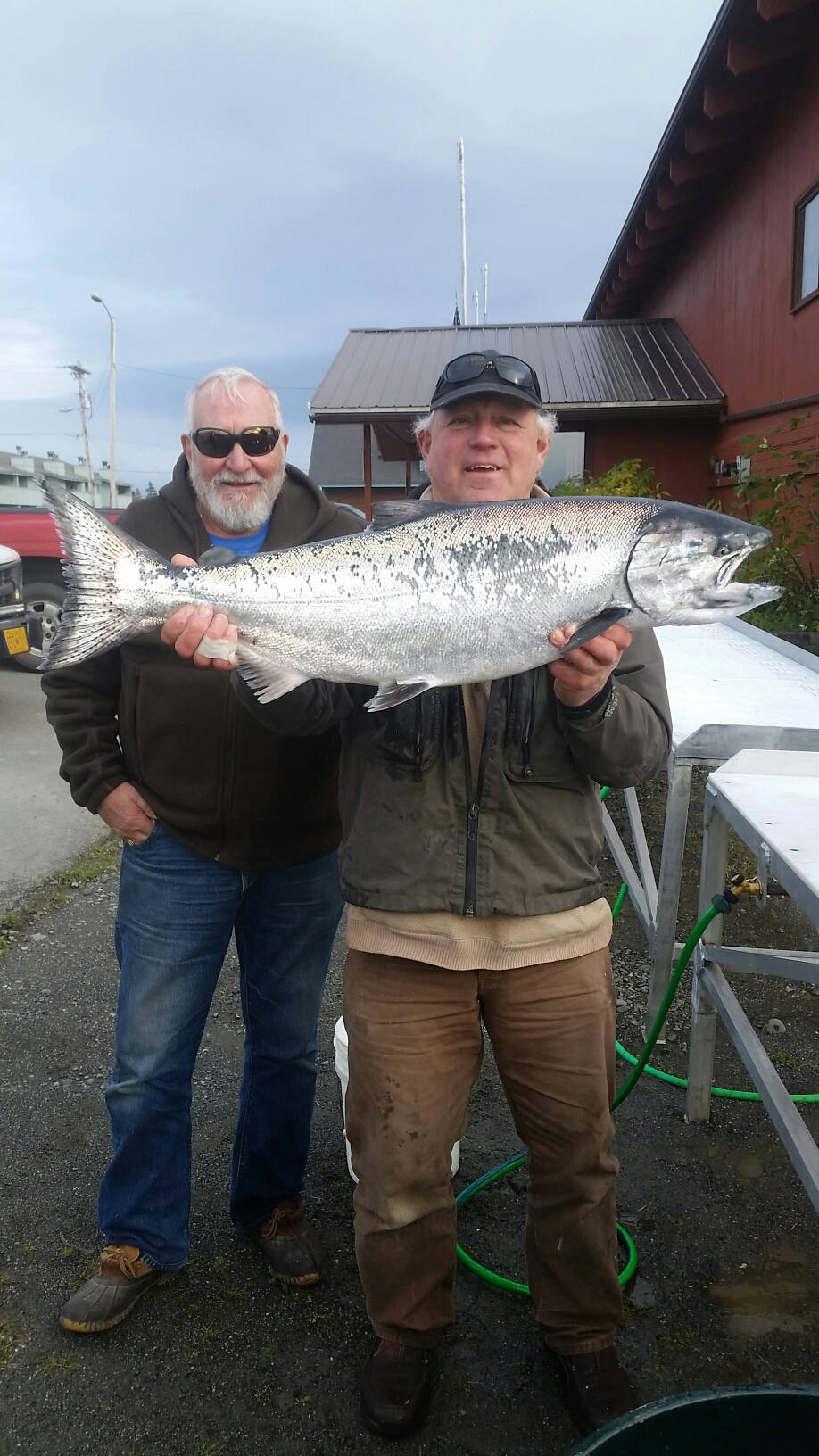 Ed Scribner holds up his 24.60 pound king salmon in the 2017 Homer Elks #2127 Winter King Salmon Derby. Scribner took first place fishing on the F/V Sea Wolf. Behind him is Don Fritz from Soldotna. Rough seas didn’t keep anglers from braving Kachemak Bay for a chance to win the Elks Lodge derby, held Oct. 7-8. Ron Johnson took second with a 22.20-pound king on the F/V Oly John and Patrick Hankins was third with a 20.40-pound king on the F/V Sound Escape. Bethany Casey had a 20.30-pound king on the F/V Misty, winning first place for the lady angler division. With only 175 anglers, including women, 84 fish caught and 793.45 weighed, this year’s derby was down from 2016, when 204 anglers caught 372 fish for a total weight of 3,350 pounds. Proceeds from the $100 per angler entry fees help support Elks youth, veterans and community charity programs. (Photo provided)