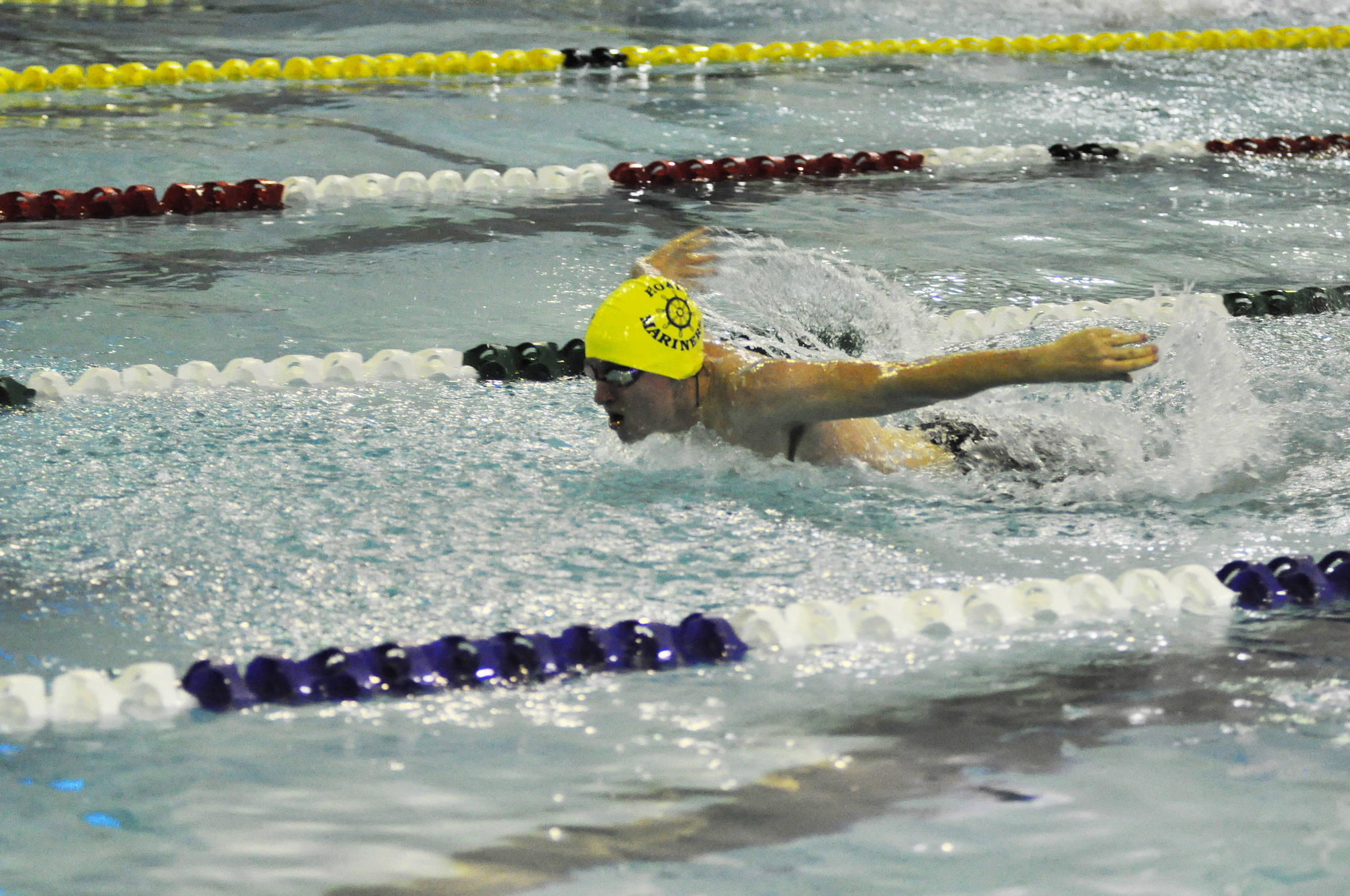Senior Griffin Downey swims the fly leg of the boys individual medley at the Region III Swimming and Diving Championships held Friday and Saturday, Oct. 27-28, 2017 in Palmer, Alaska. The Homer Mariner girls took fourth overall. (Photo submitted)