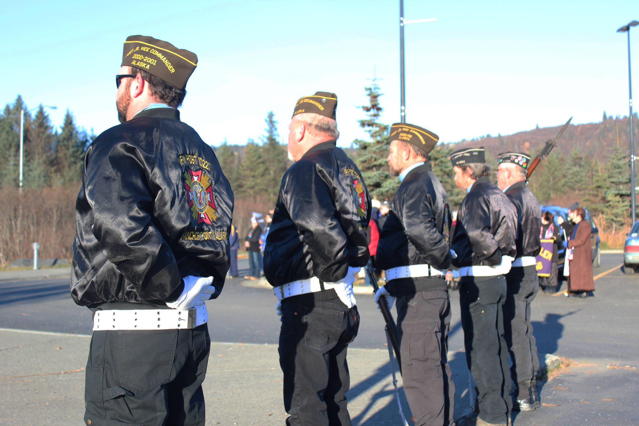 Members of the VFW Post in Anchor Point listen during a presentation for Veterans Day on Saturday, Nov. 11, 2017 at the Ocean and Islands Center in Homer, Alaska. (Photo by Megan Pacer/Homer News)