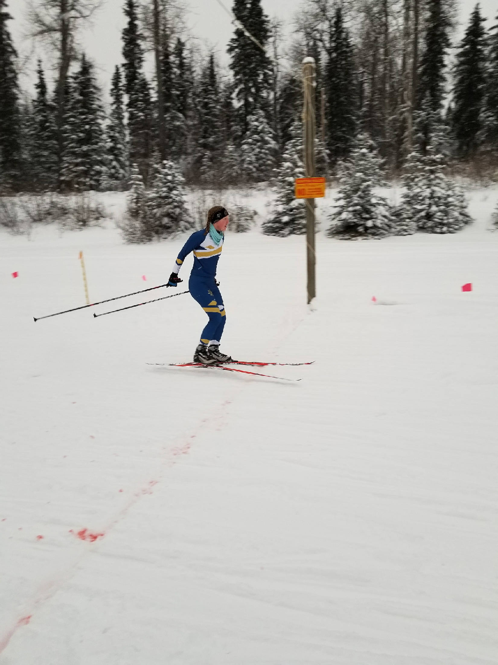 Homer’s Zoe Stonorov skis through the Tsalteshi Trails during the Homer Mariner Nordic ski team’s first race of the season Wednesday, Nov. 22, 2017 at the trails in Soldotna, Alaska. (Photo by Stephanie Ball)