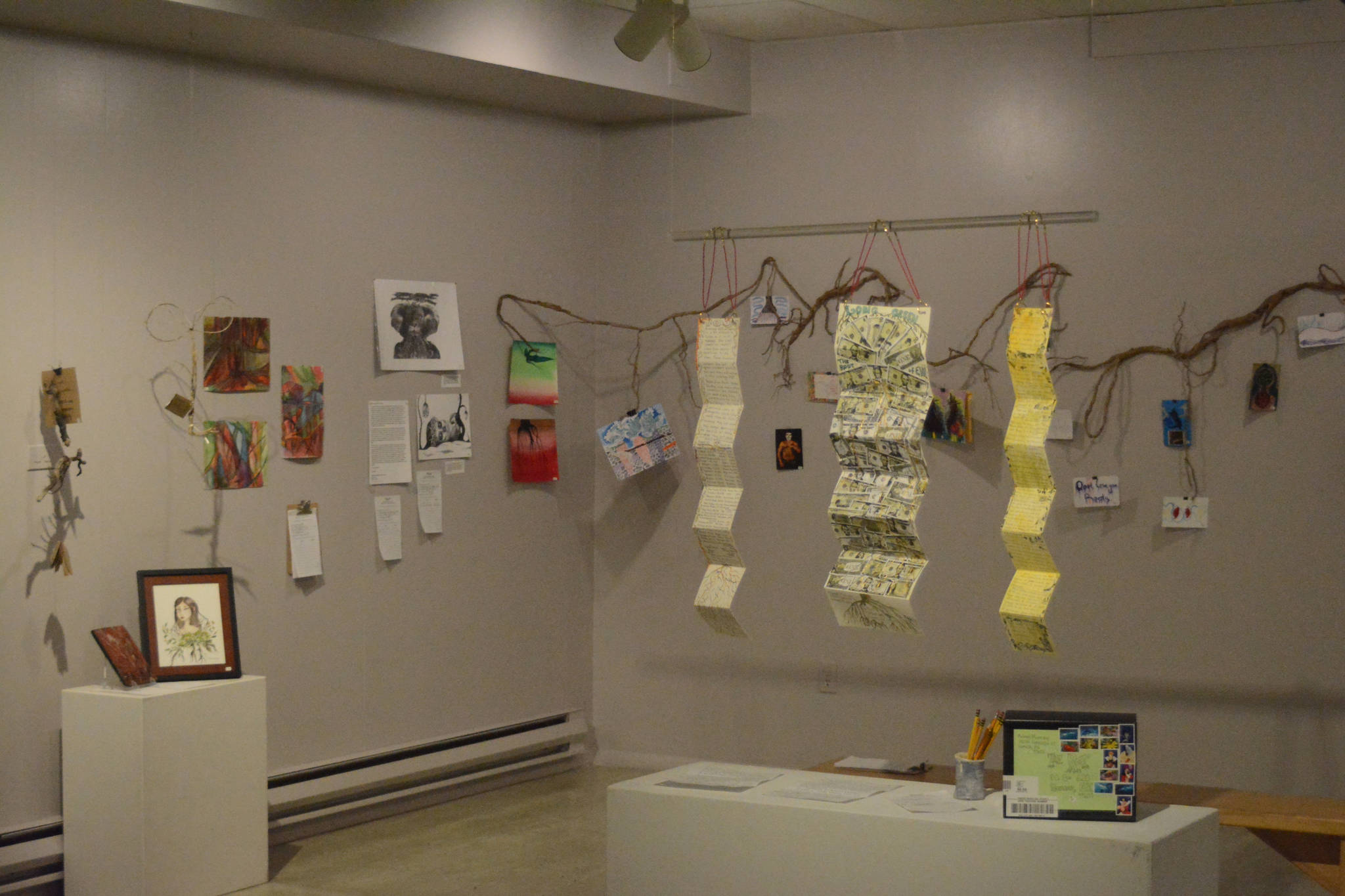 Some of the mail art in the Root show at the Pratt Museum. (Photo by Michael Armstrong, Homer News)