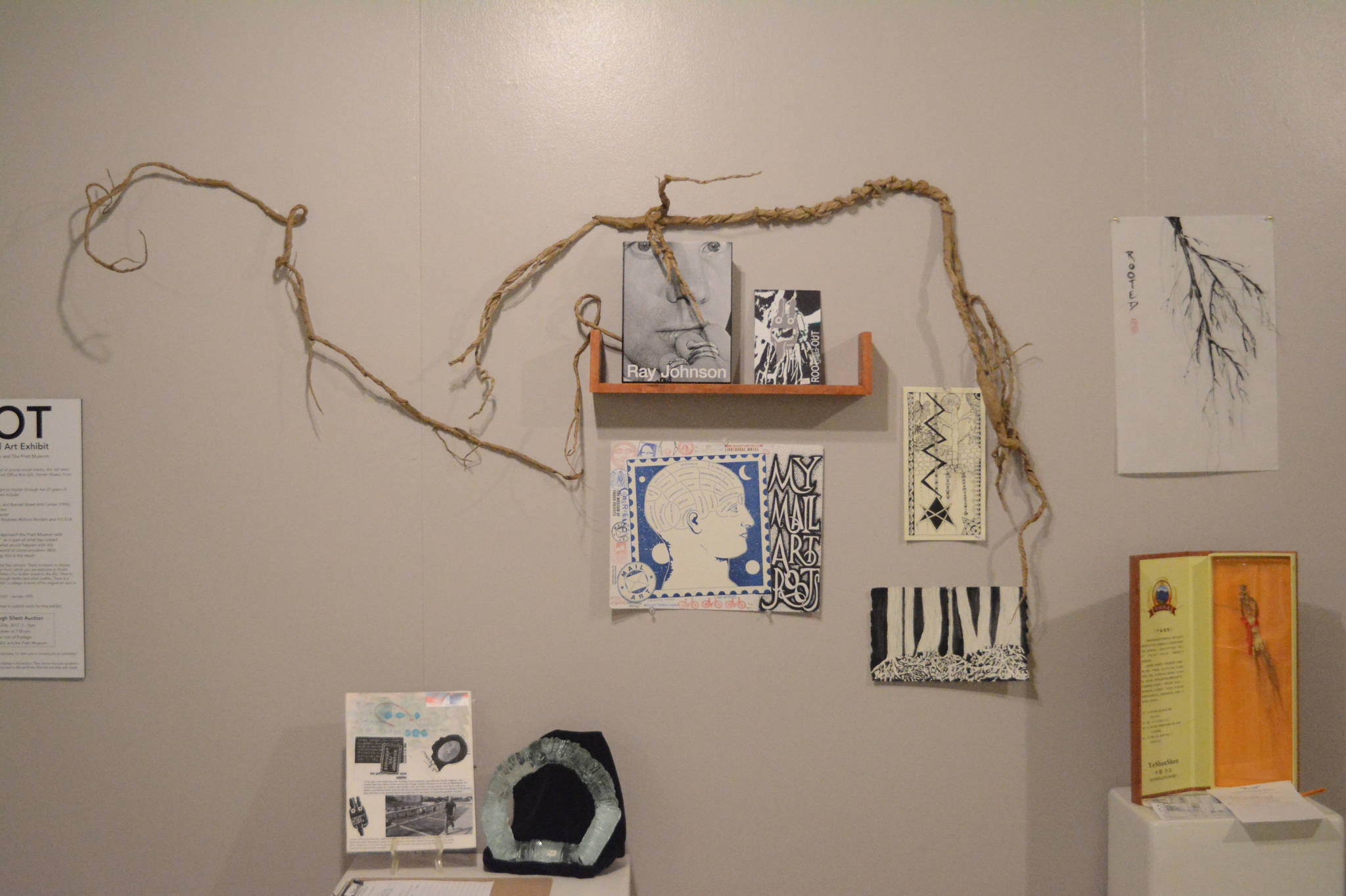 Some of the mail art in the Root show at the Pratt Museum. (Photo by Michael Armstrong, Homer News)