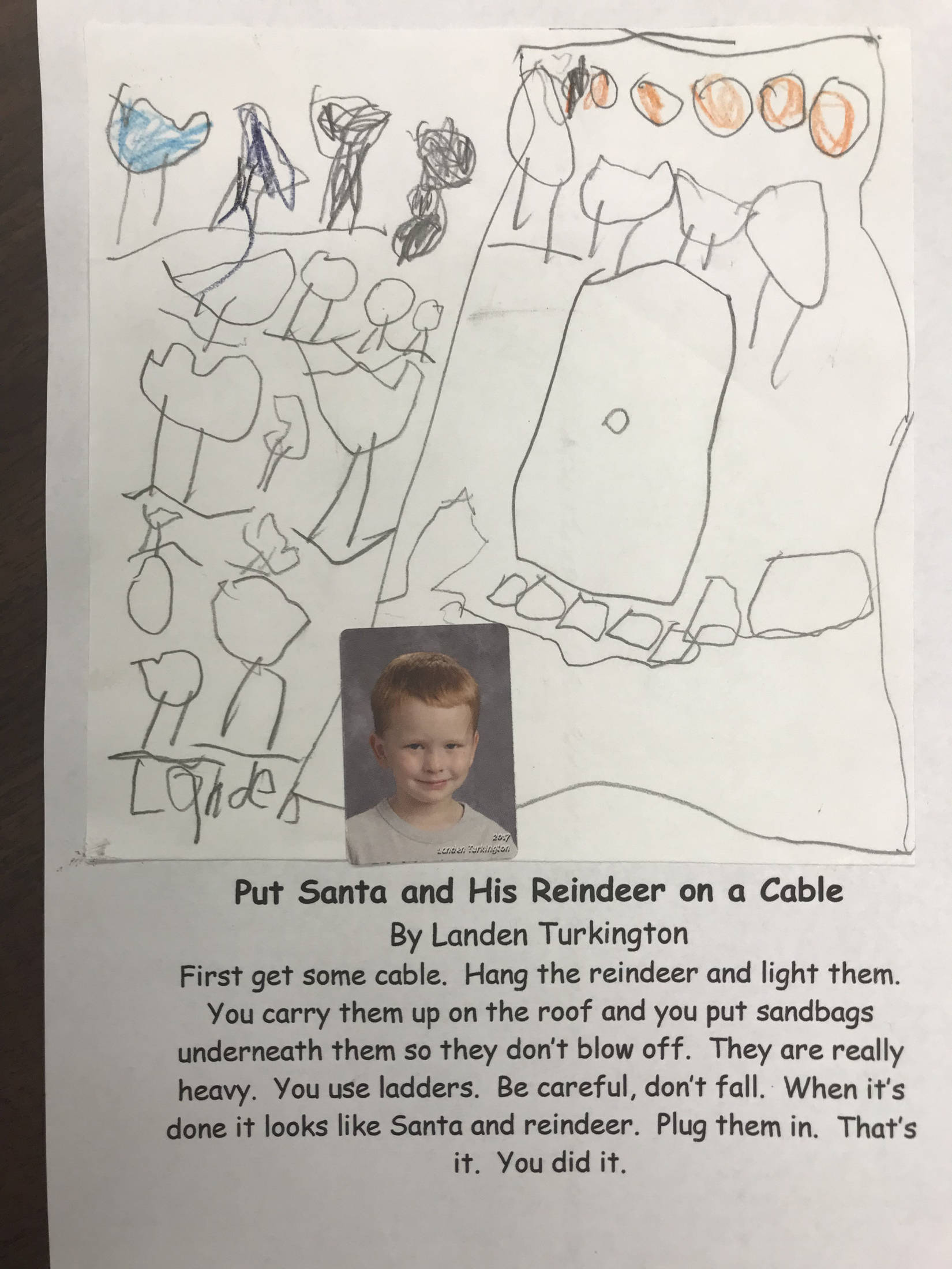 This holiday instruction made by Landen Turkington is part of an 18-page “How to Get Ready for the Holidays” book created by the students of Jennifer Reinhart’s kindergarten class. (Photo courtesy Jennifer Reinhart)